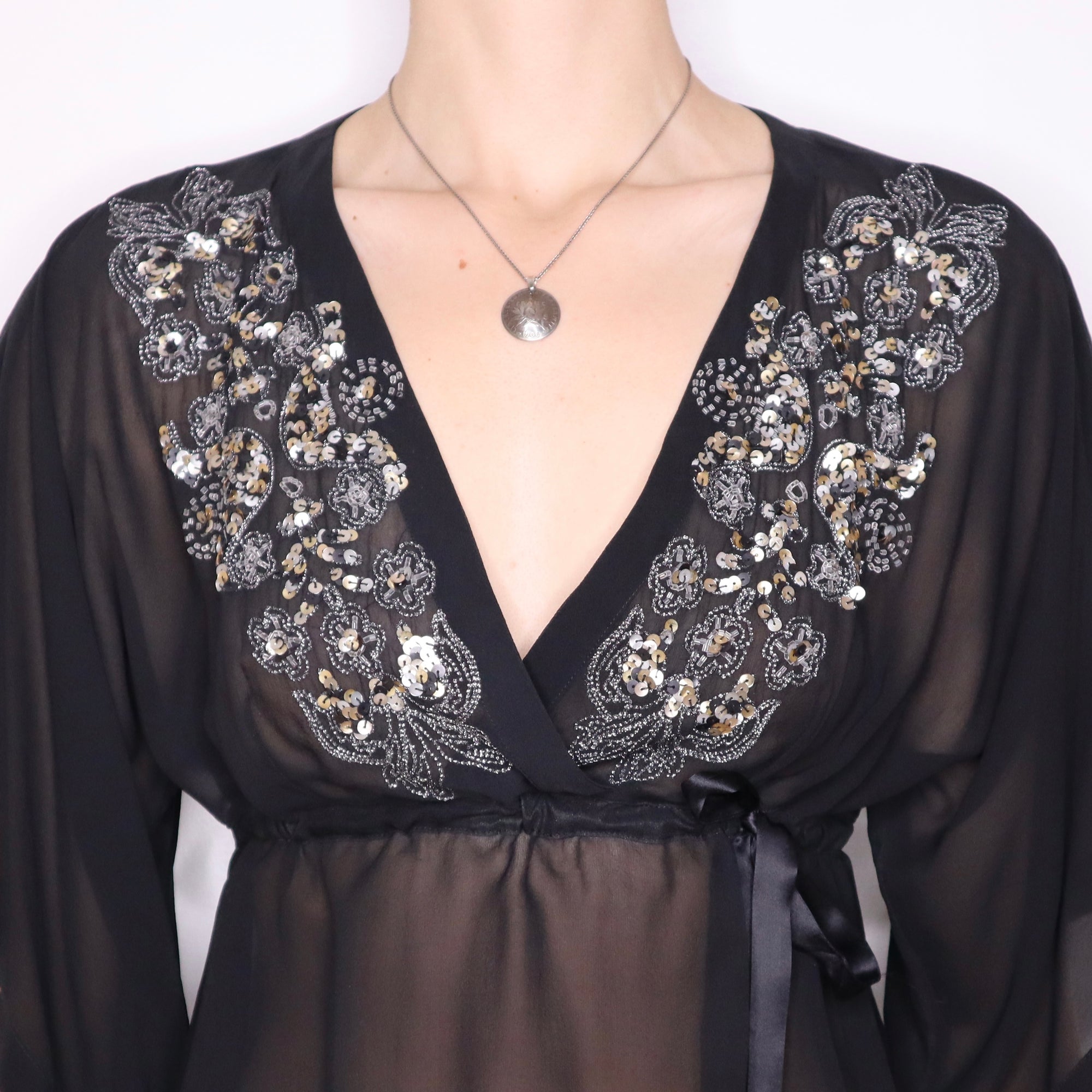 Y2K Beaded Black Silk Chiffon Top (S/M)