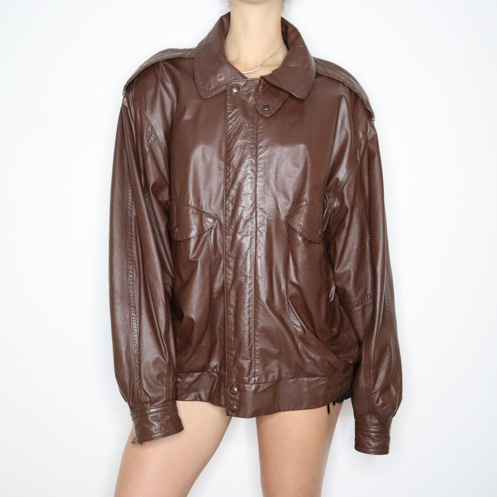 80s Oversized Brown Leather Bomber Jacket (XL/XXL)