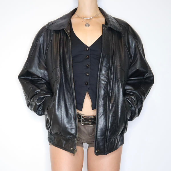 Black Leather Bomber Jacket (L-XL) - Imber Vintage