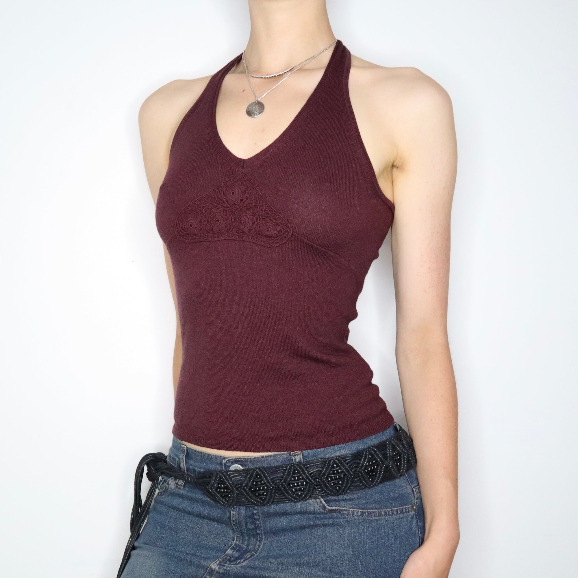 90s Burgundy Knit Halter Top (S)