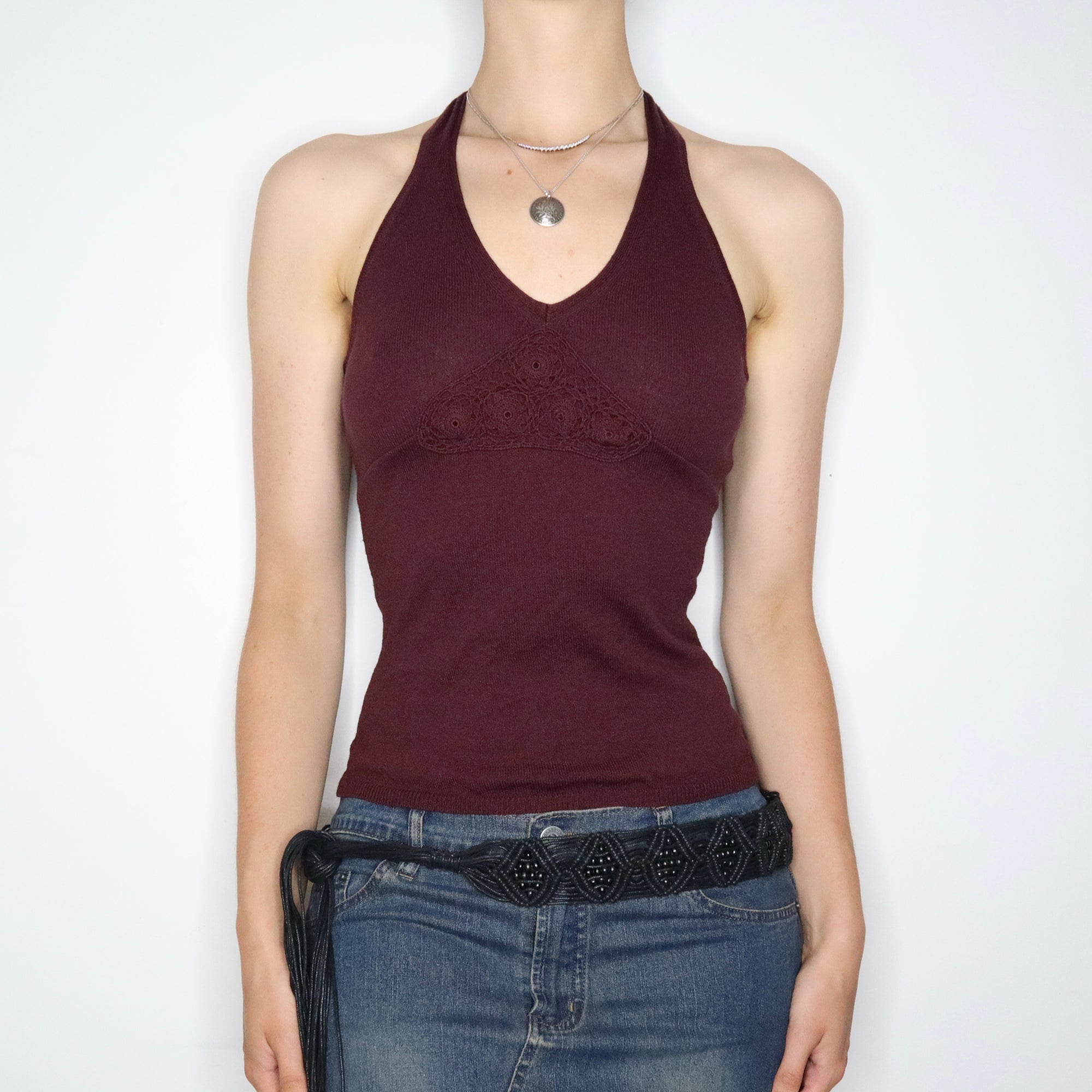 90s Burgundy Knit Halter Top (S)