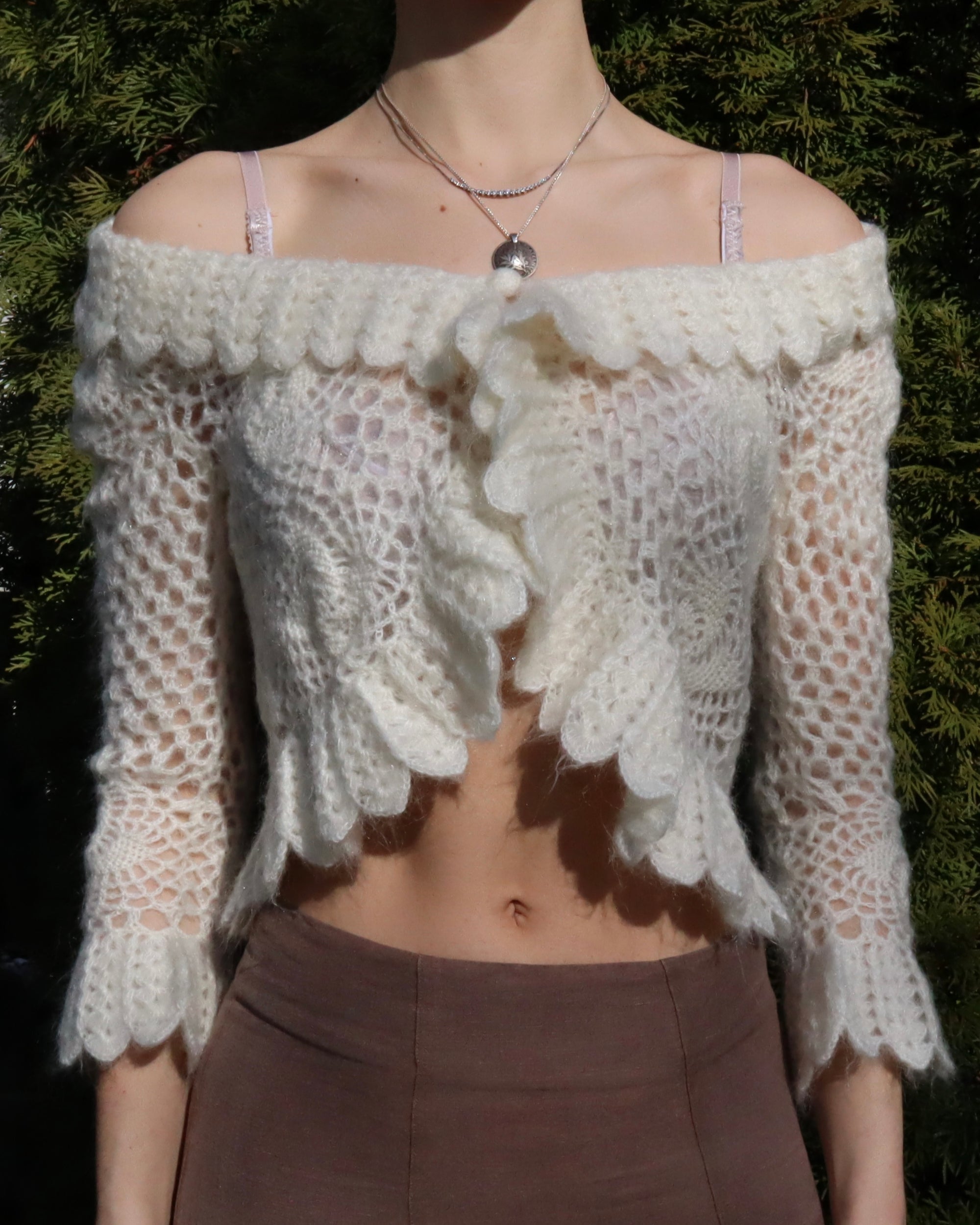 White Mohair Crochet Cardigan (Medium)