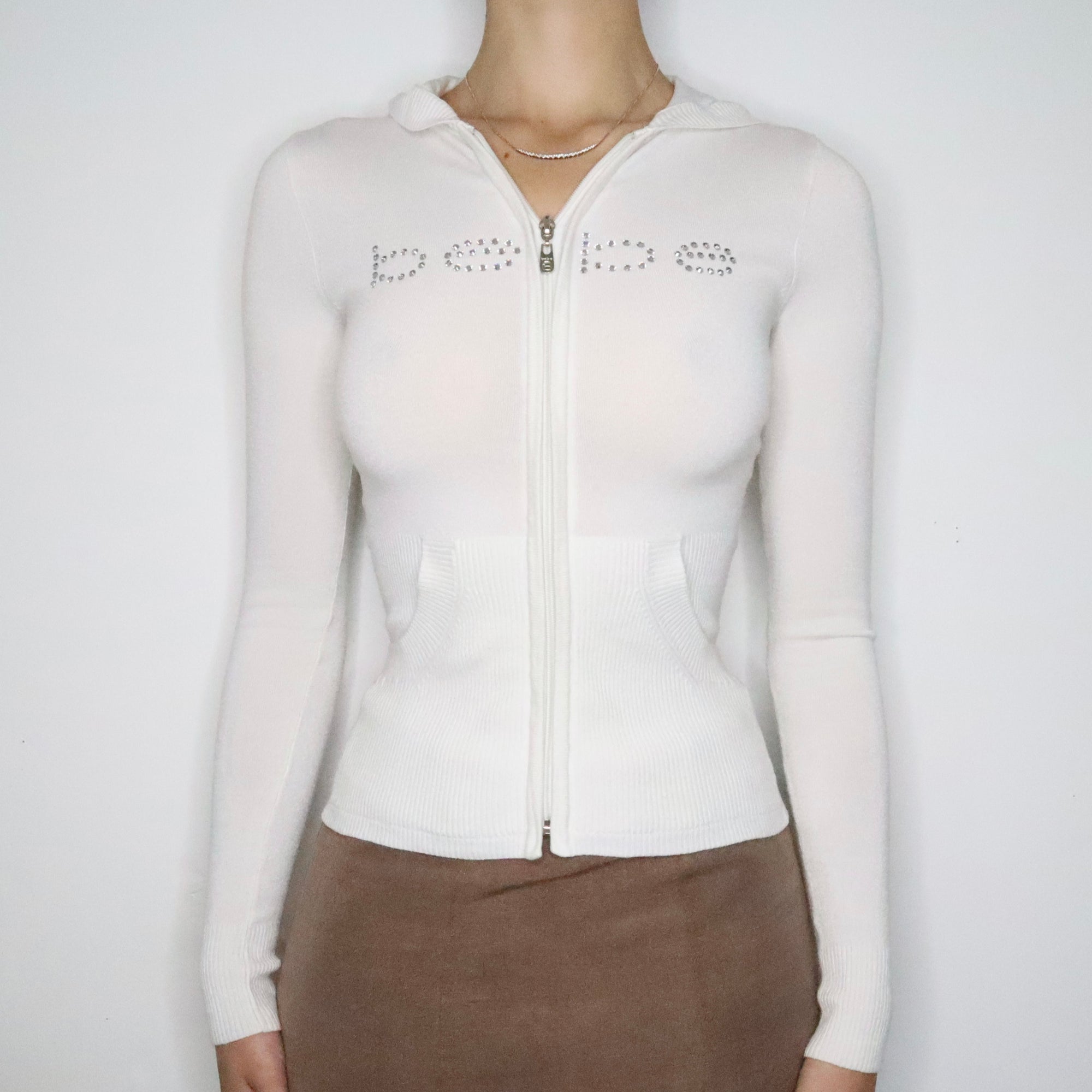 White Bebe Diamanté Zip Up Hoodie (XS-S)