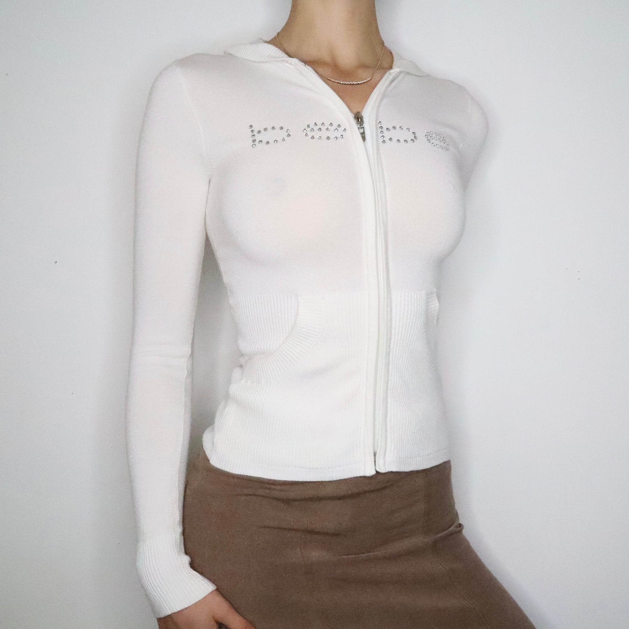 White Bebe Diamanté Zip Up Hoodie (XS-S)