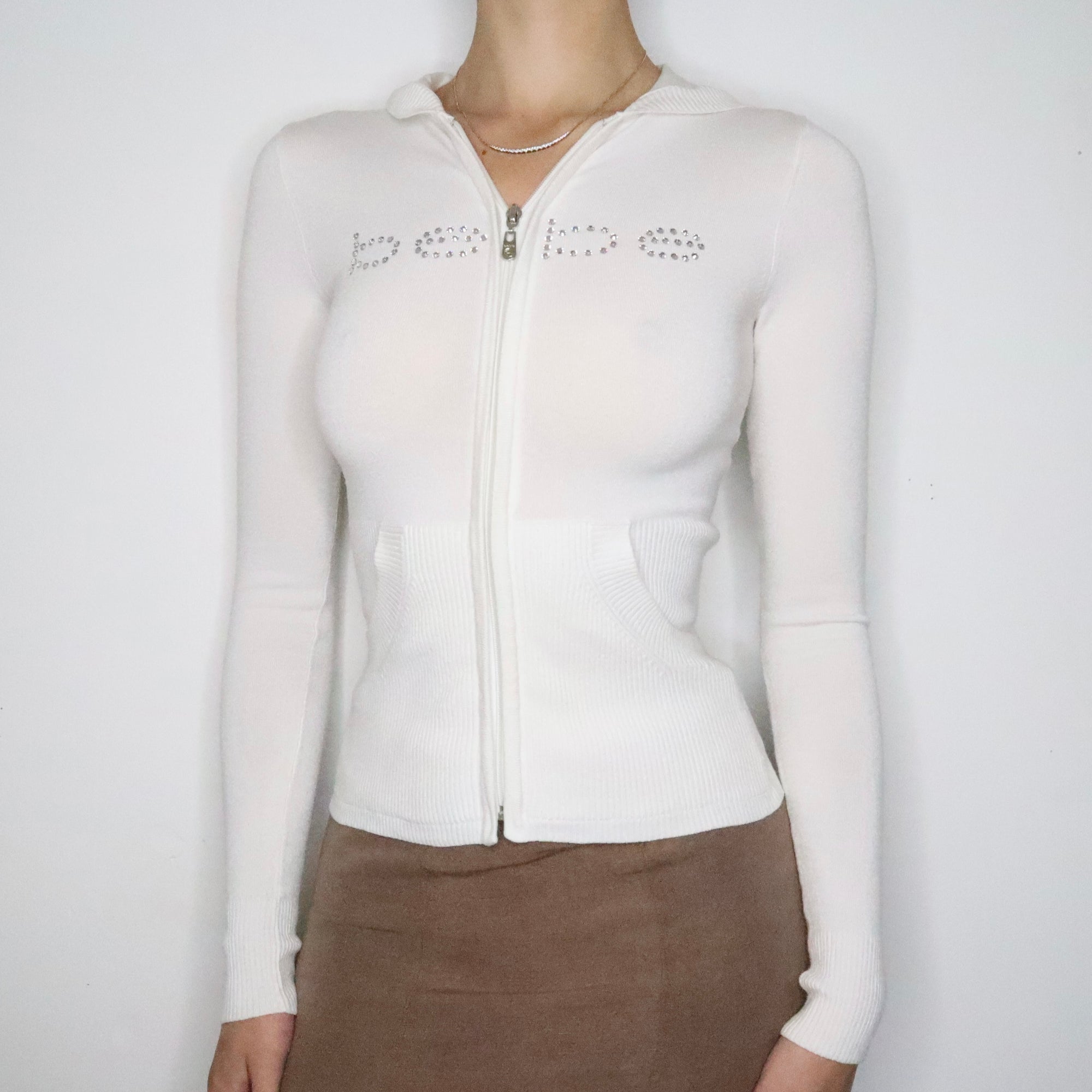White Bebe Diamanté Zip Up Hoodie (XS-S)