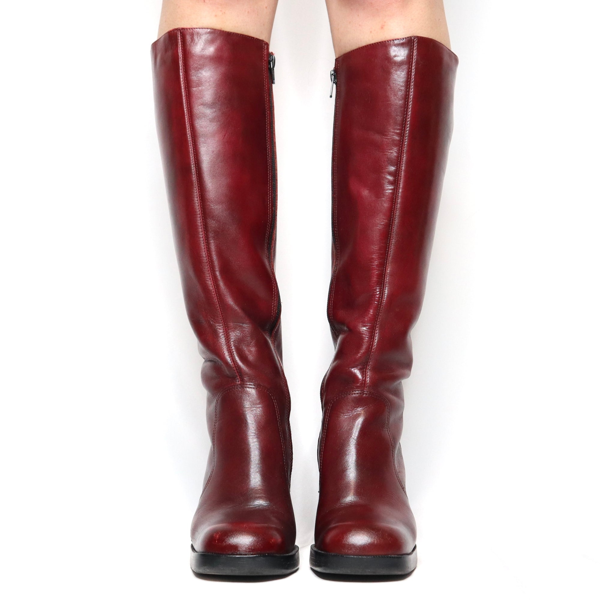 Vintage 90s Dark Cherry Red Leather Heeled Platform Knee High Boots