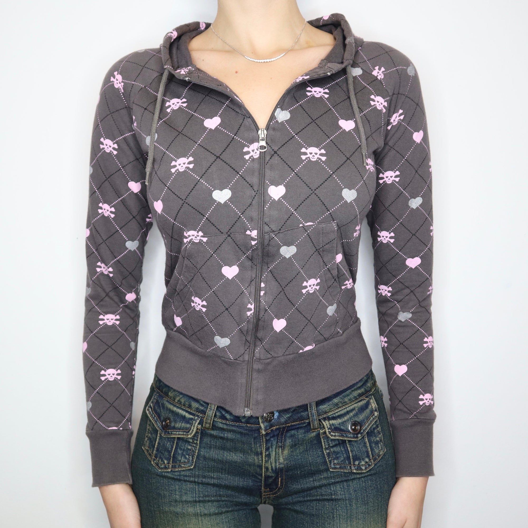 Vintage Early 2000s Mall Goth Skull Print Zip-Up Hoodie