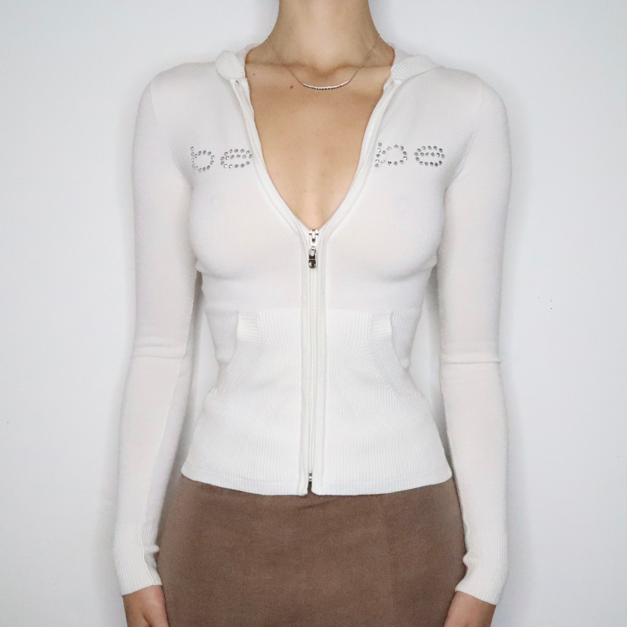 White Bebe Diamanté Zip Up Hoodie (XS-S)