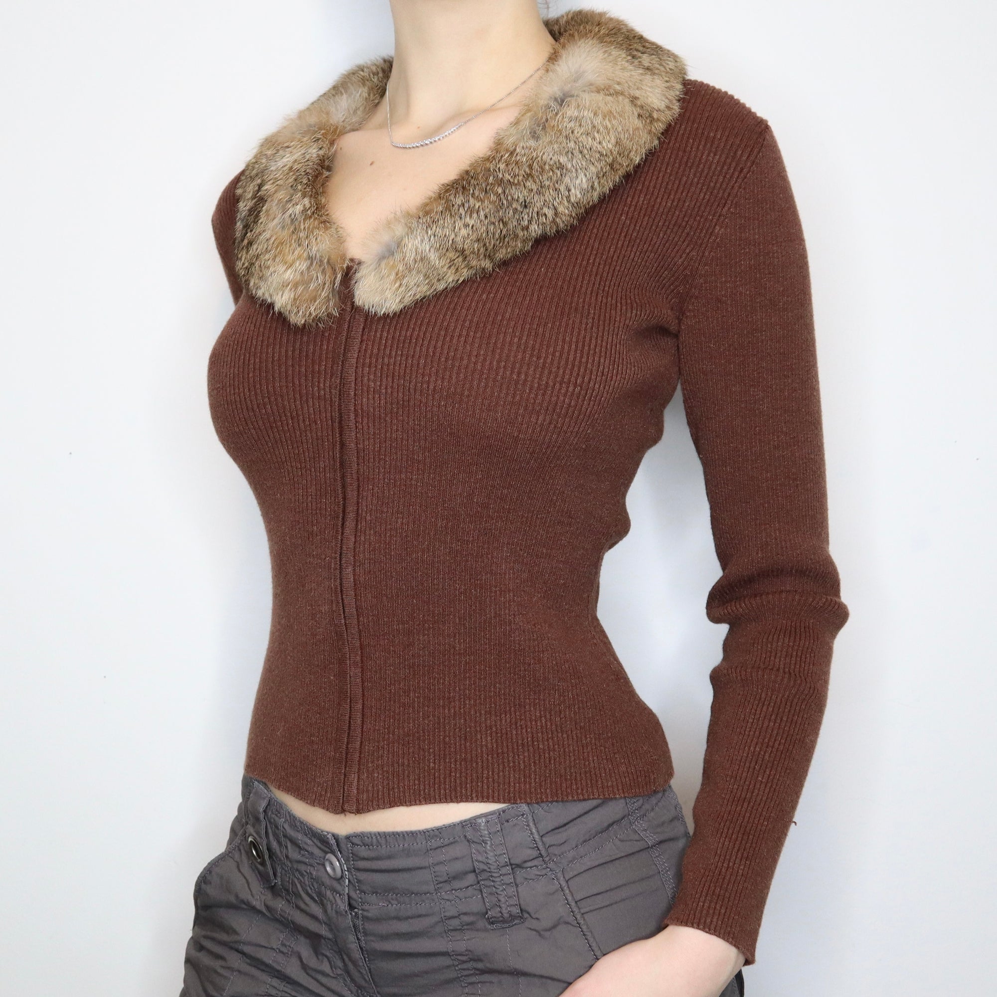 Brown Fur Collar Cardigan (S-M)