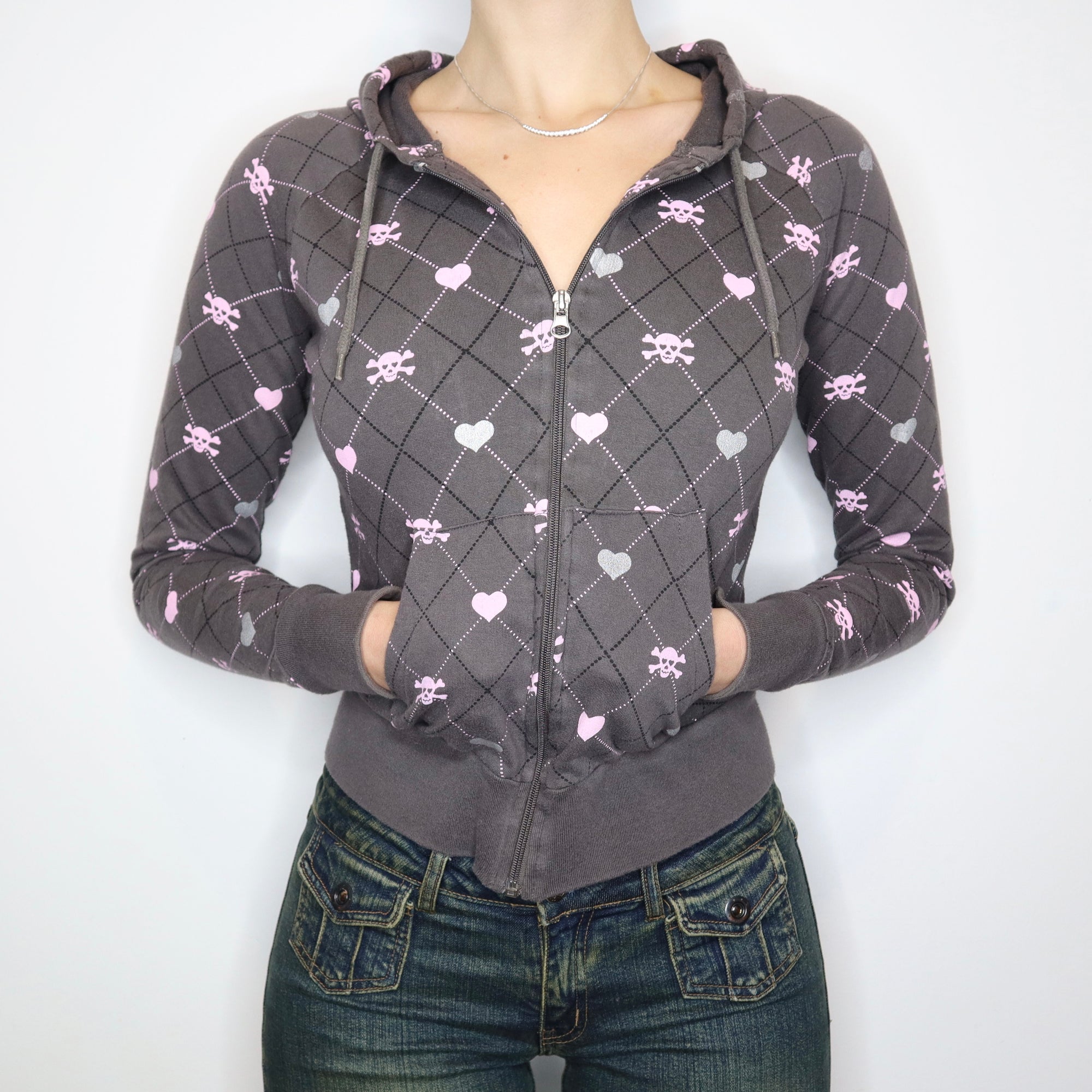 Vintage Early 2000s Mall Goth Skull Print Zip-Up Hoodie