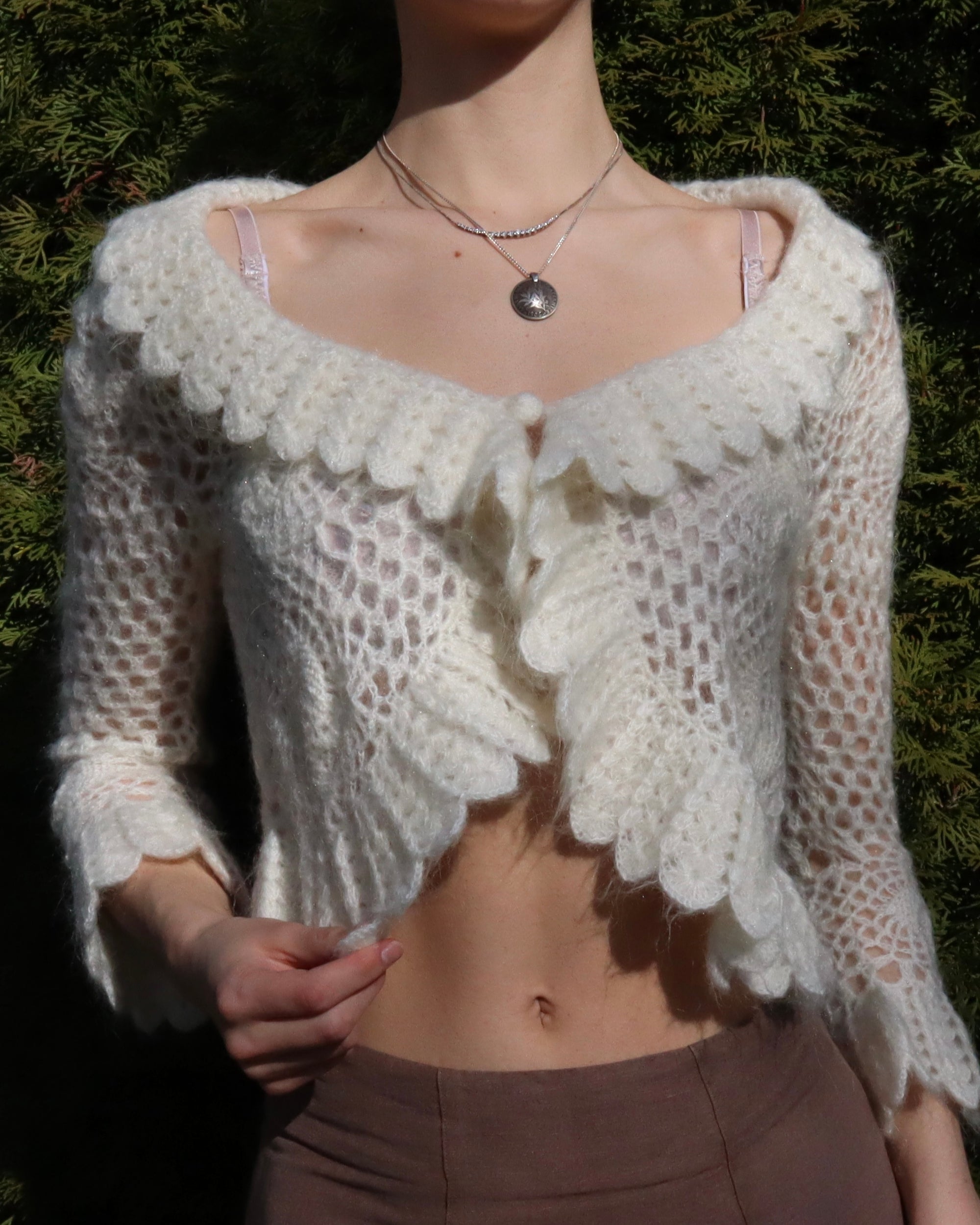 White Mohair Crochet Cardigan (Medium)