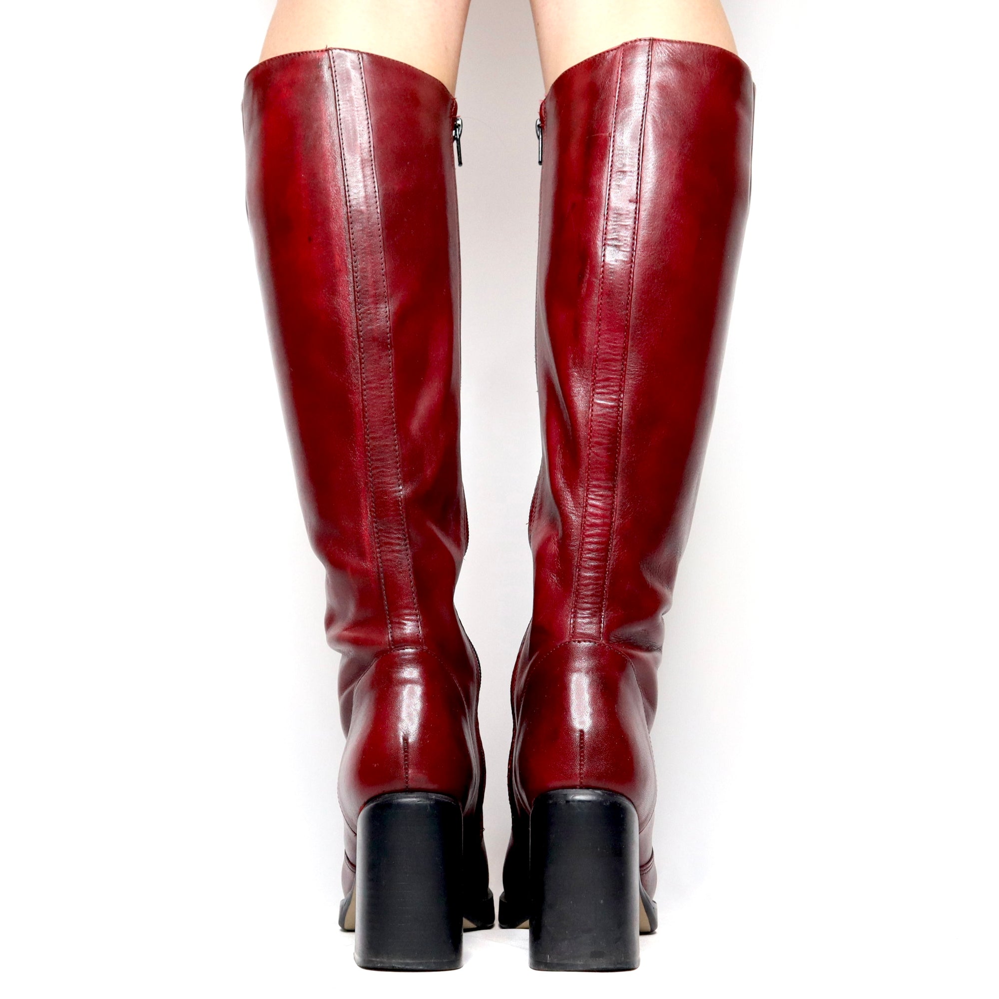 Vintage 90s Dark Cherry Red Leather Heeled Platform Knee High Boots