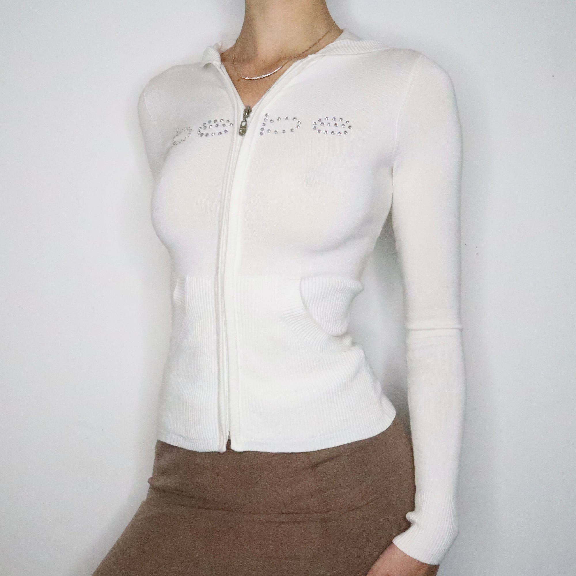 White Bebe Diamanté Zip Up Hoodie (XS-S)