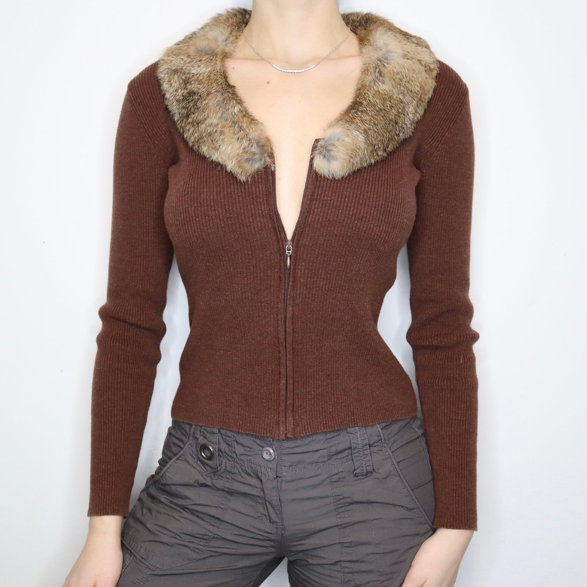Brown Fur Collar Cardigan (S-M)