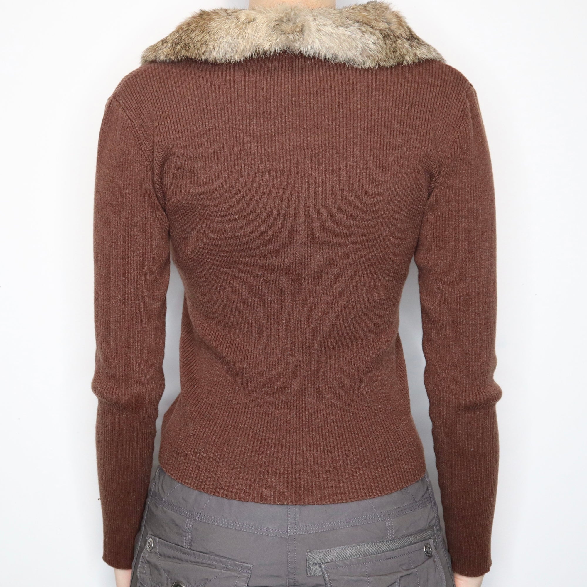 Brown Fur Collar Cardigan (S-M)