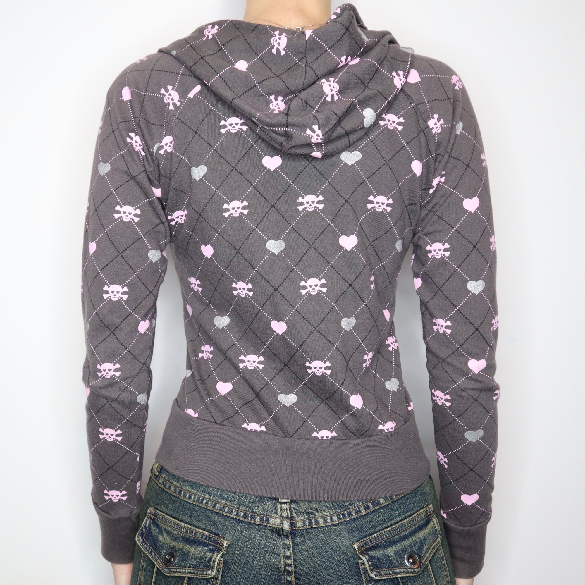 Vintage Early 2000s Mall Goth Skull Print Zip-Up Hoodie