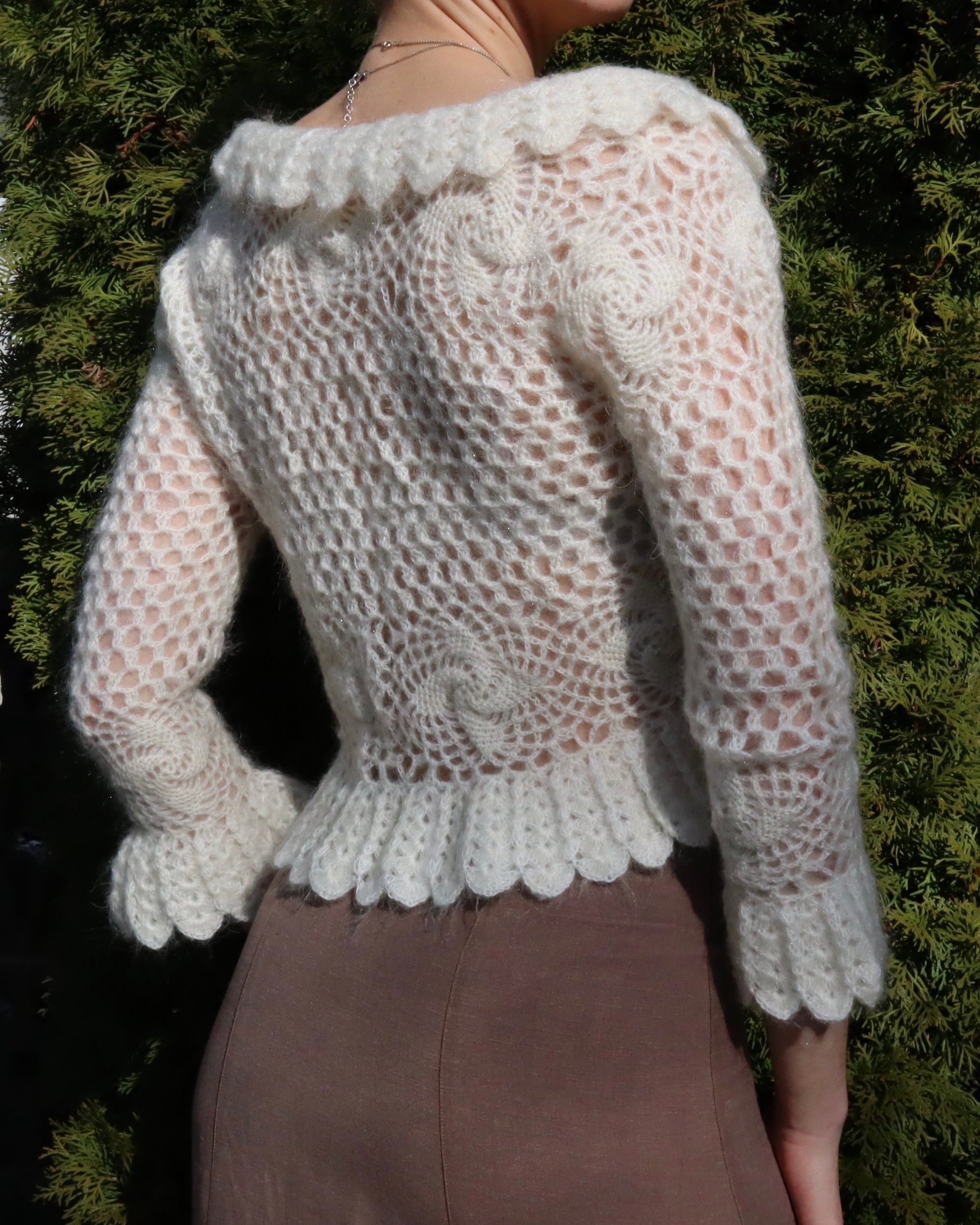 White Mohair Crochet Cardigan (Medium)