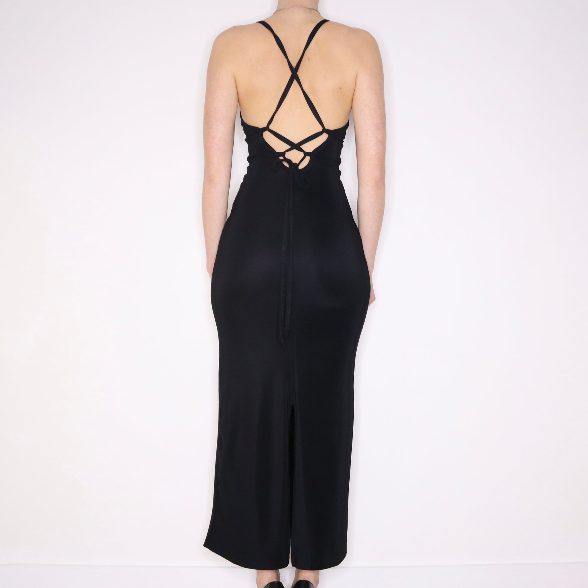 90s Backless Slinky Black Maxi Dress (S) - Imber Vintage 90s Backless Slinky Black Maxi Dress (S) - Imber Vintage