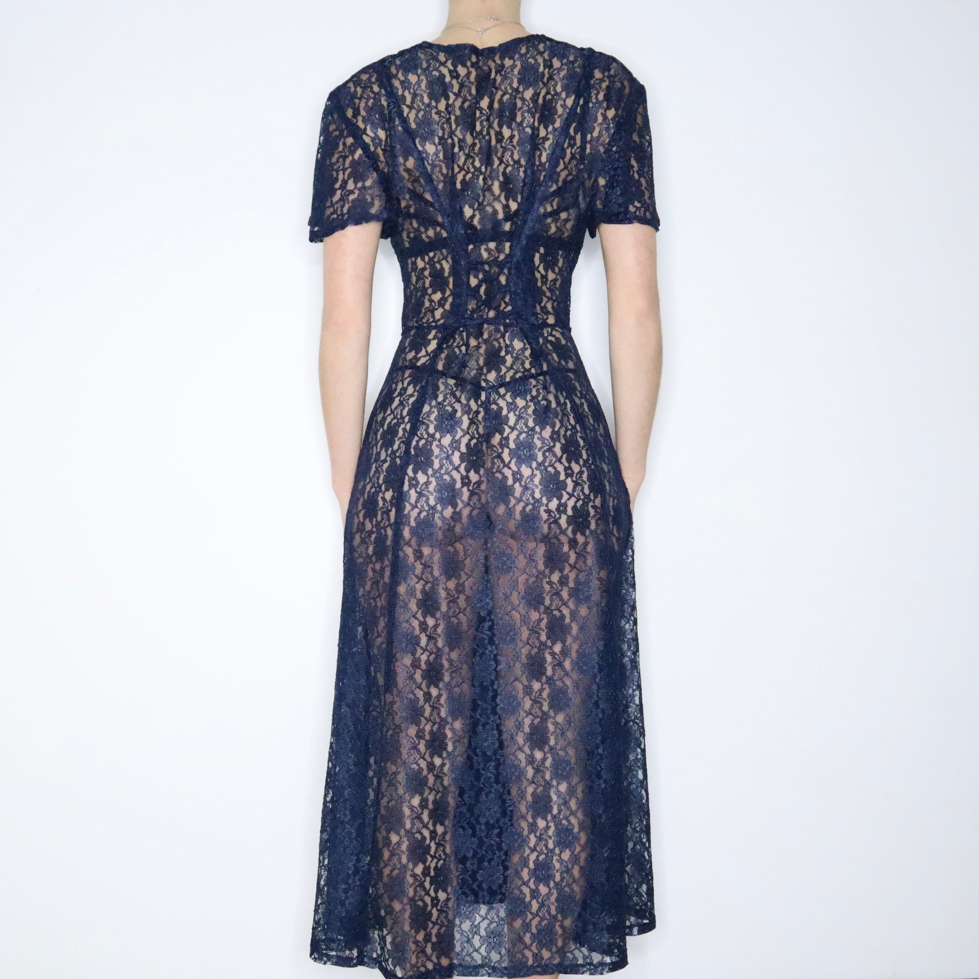 90s Sheer Navy Lace Corset Maxi Dress (L) - Imber Vintage 90s Sheer Navy Lace Corset Maxi Dress (L) - Imber Vintage