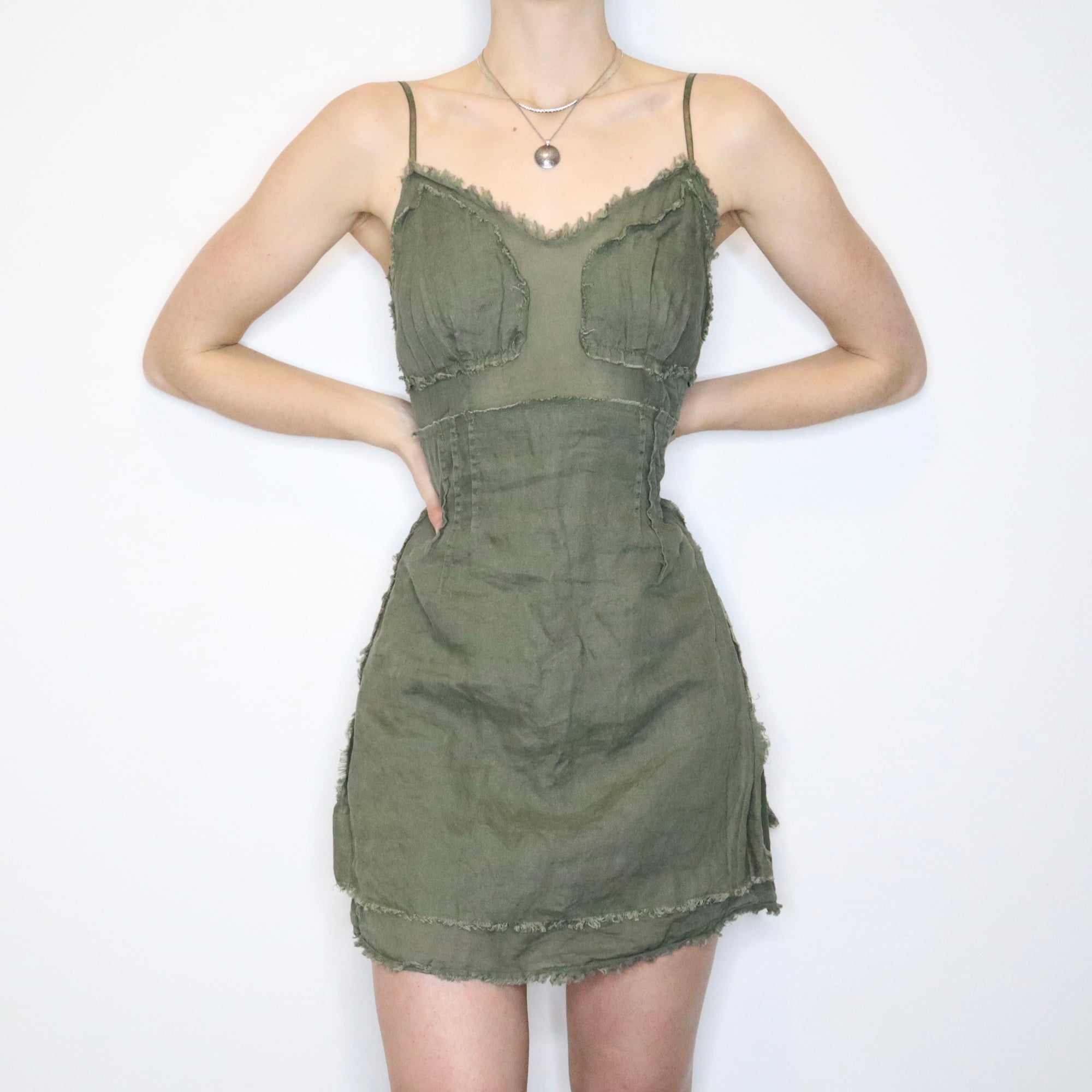 Y2K MISS SIXTY Khaki Green Linen Mini Dress (S/M) Y2K MISS SIXTY Khaki Green Linen Mini Dress (S/M)