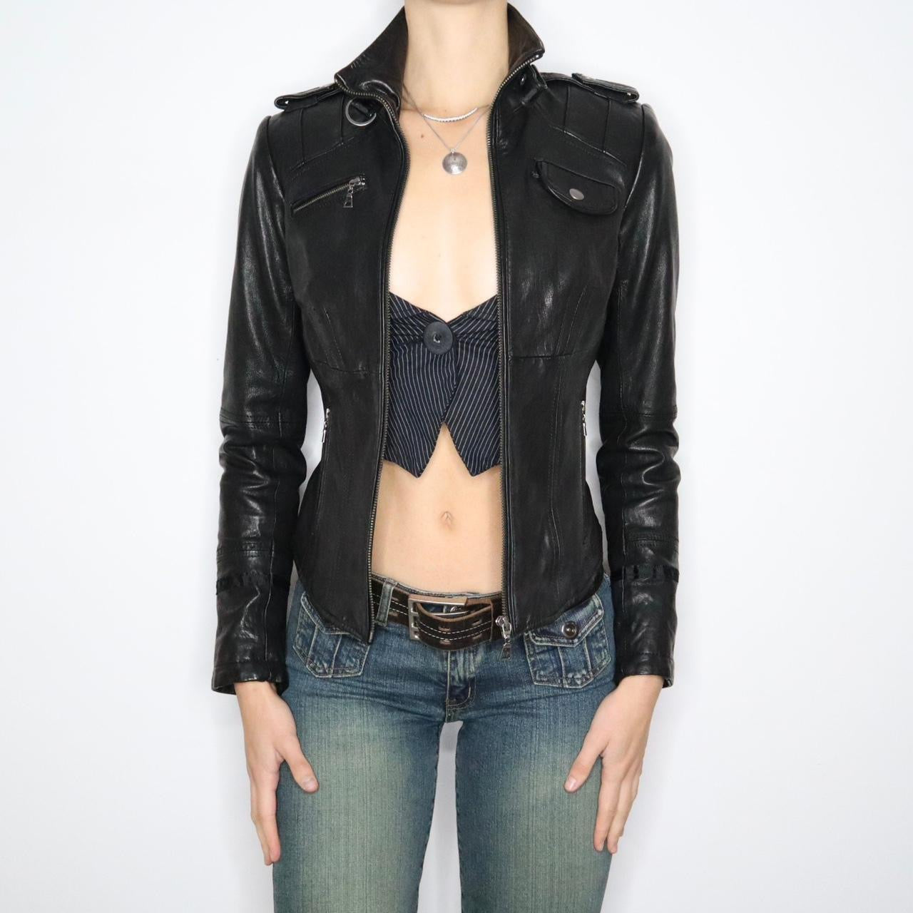 Y2K Sexy Black Italian Leather Moto Jacket (XS) 