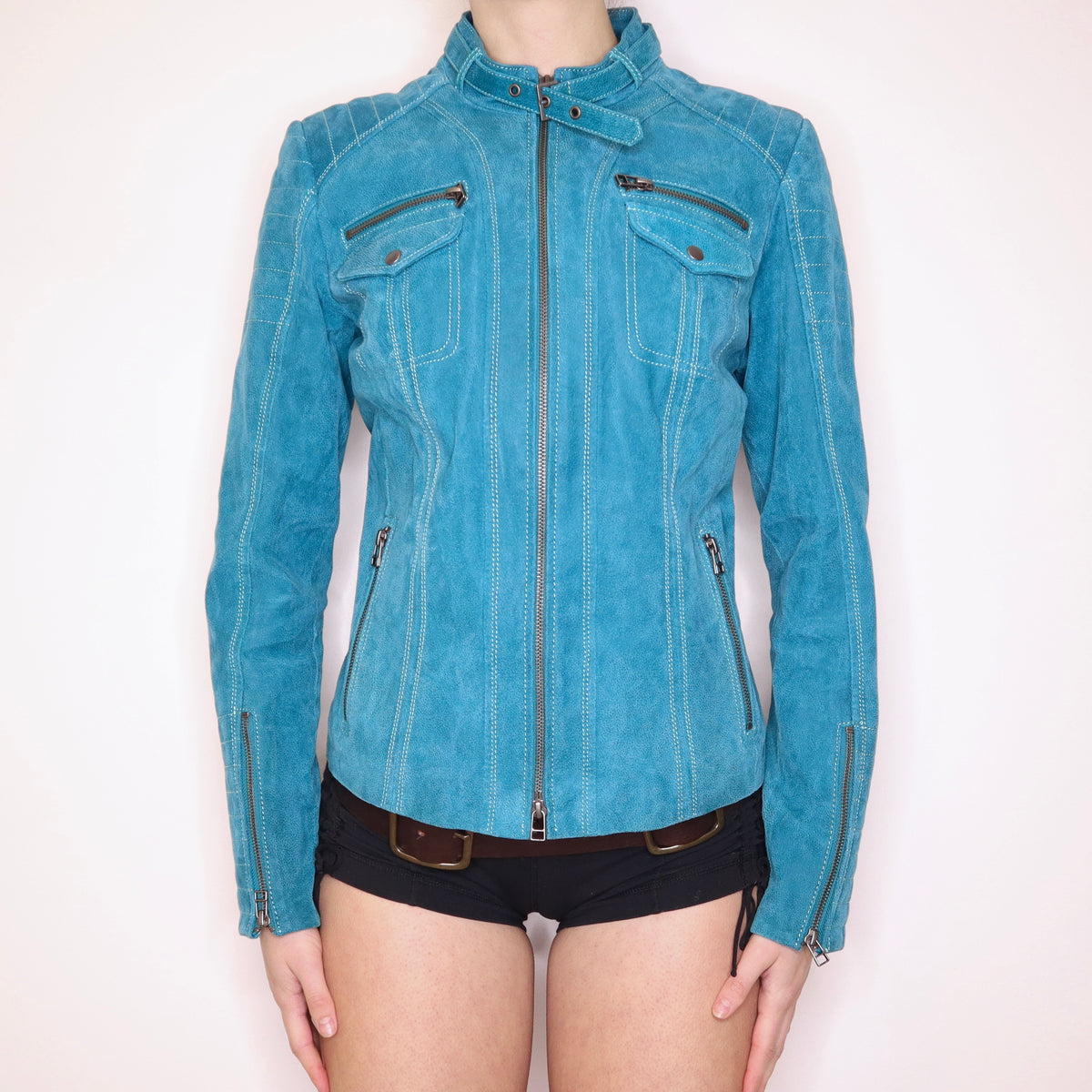 Y2K Sexy Turquoise Suede Moto Jacket (M/L)