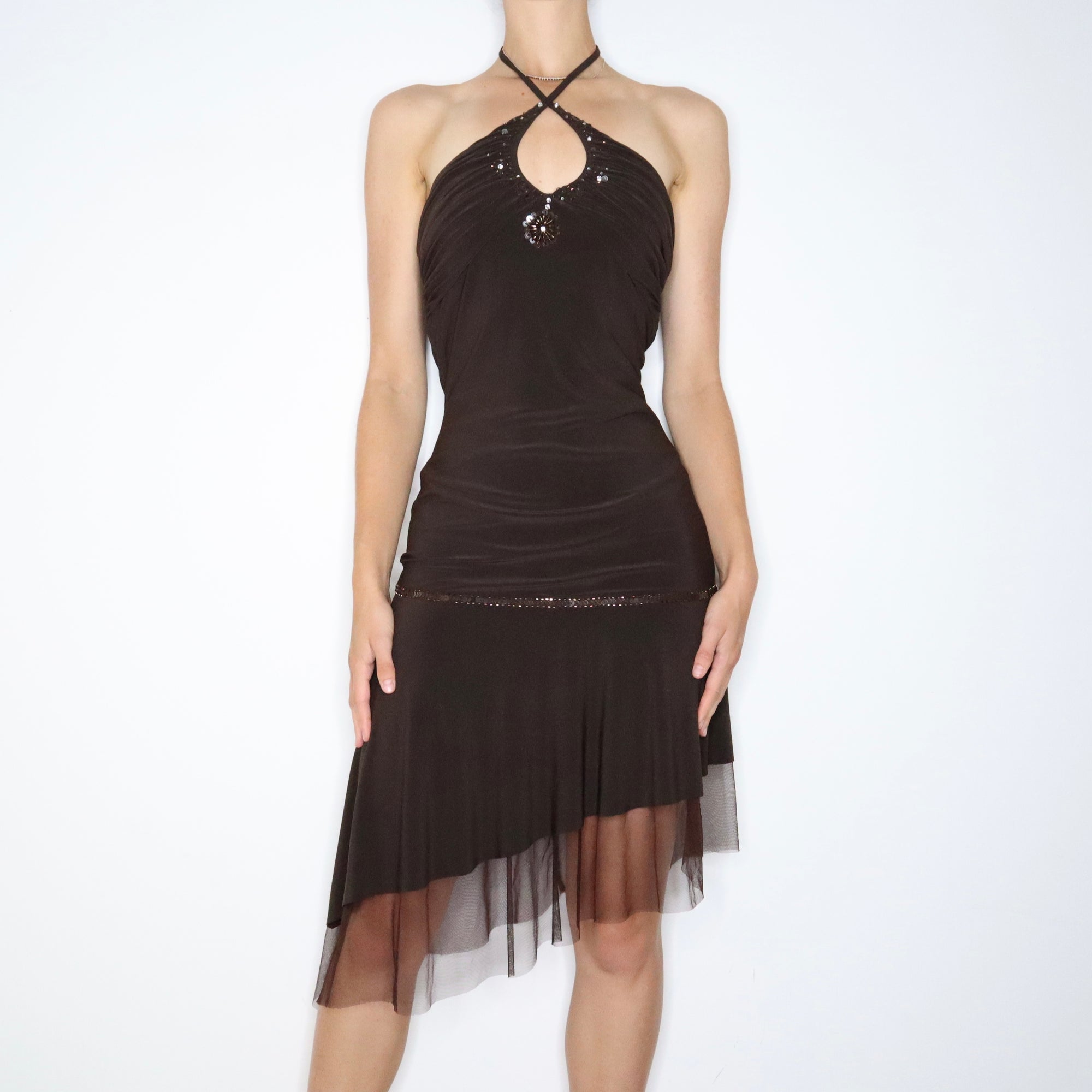 Y2K Brown Beaded Halter Dress (S-M) Y2K Brown Beaded Halter Dress (S-M)