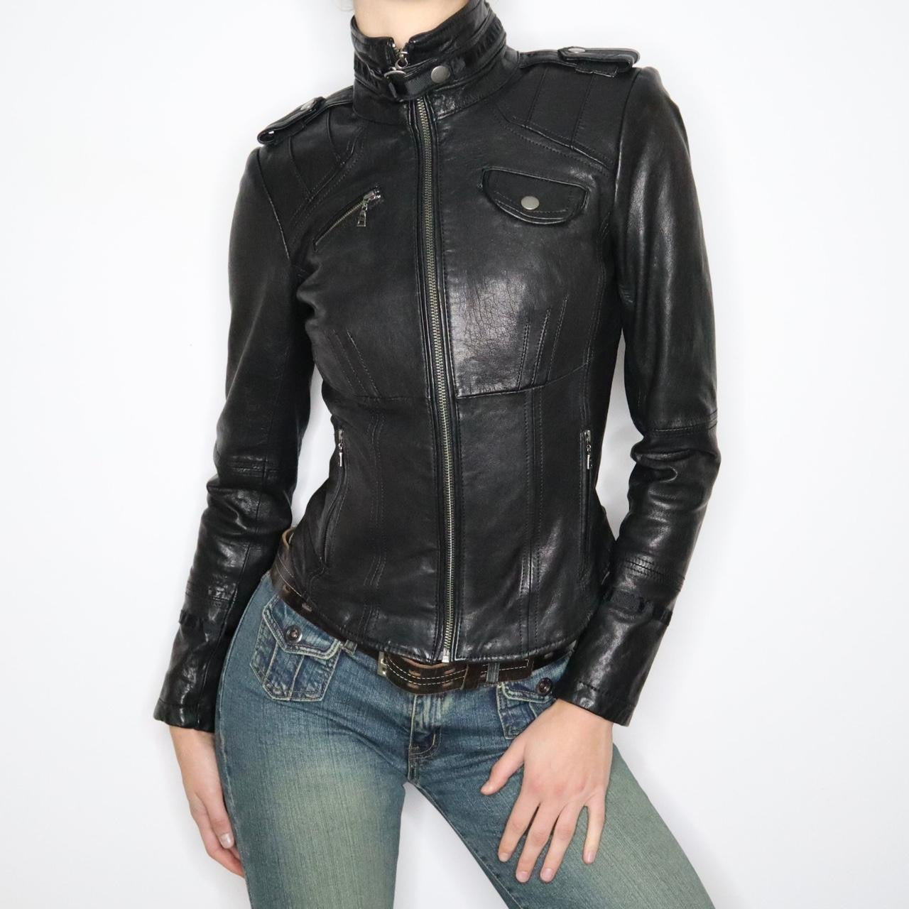 Y2K Sexy Black Leather Moto Jacket (S) 