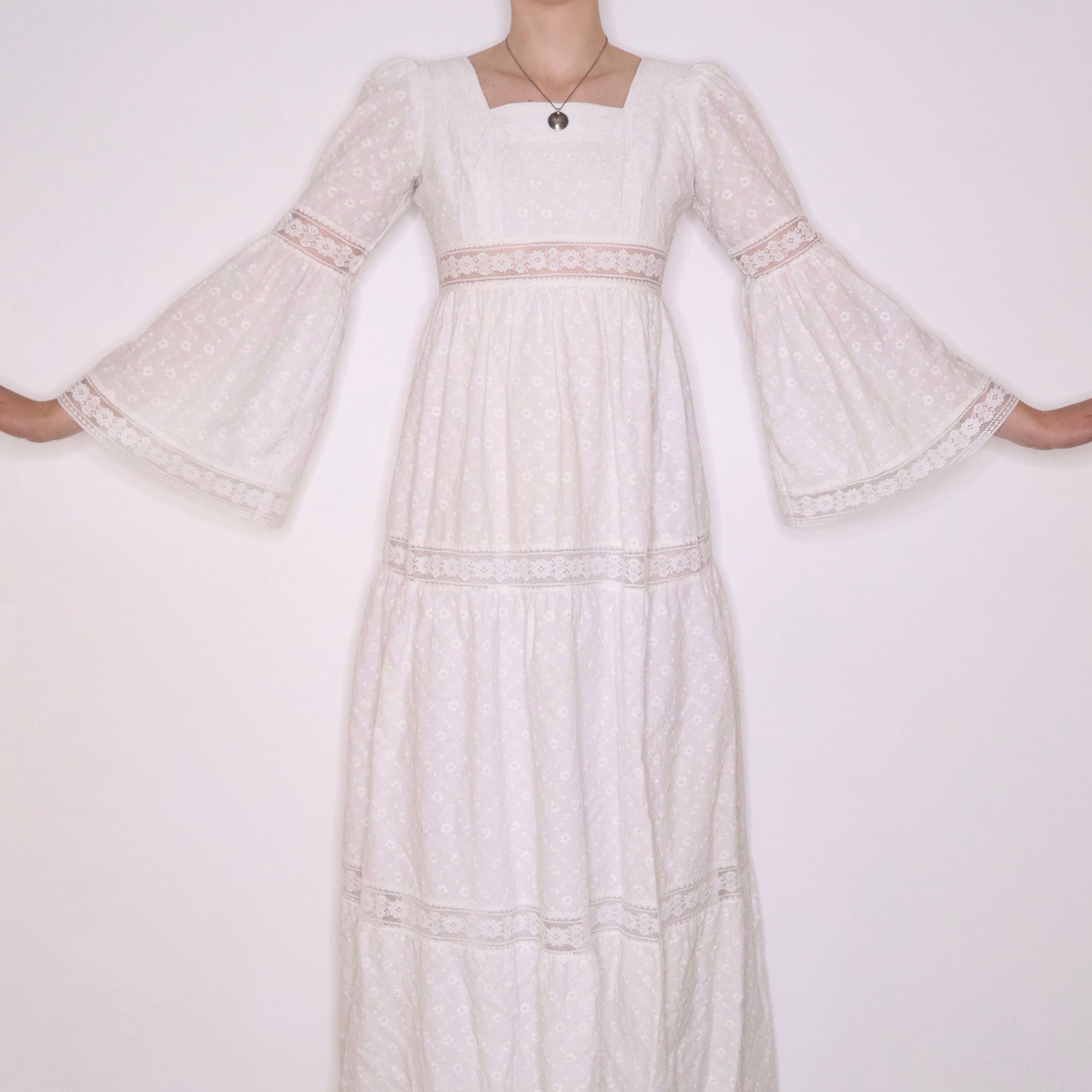 70s Boho White Lace Maxi Dress (S) - Imber Vintage 70s Boho White Lace Maxi Dress (S) - Imber Vintage