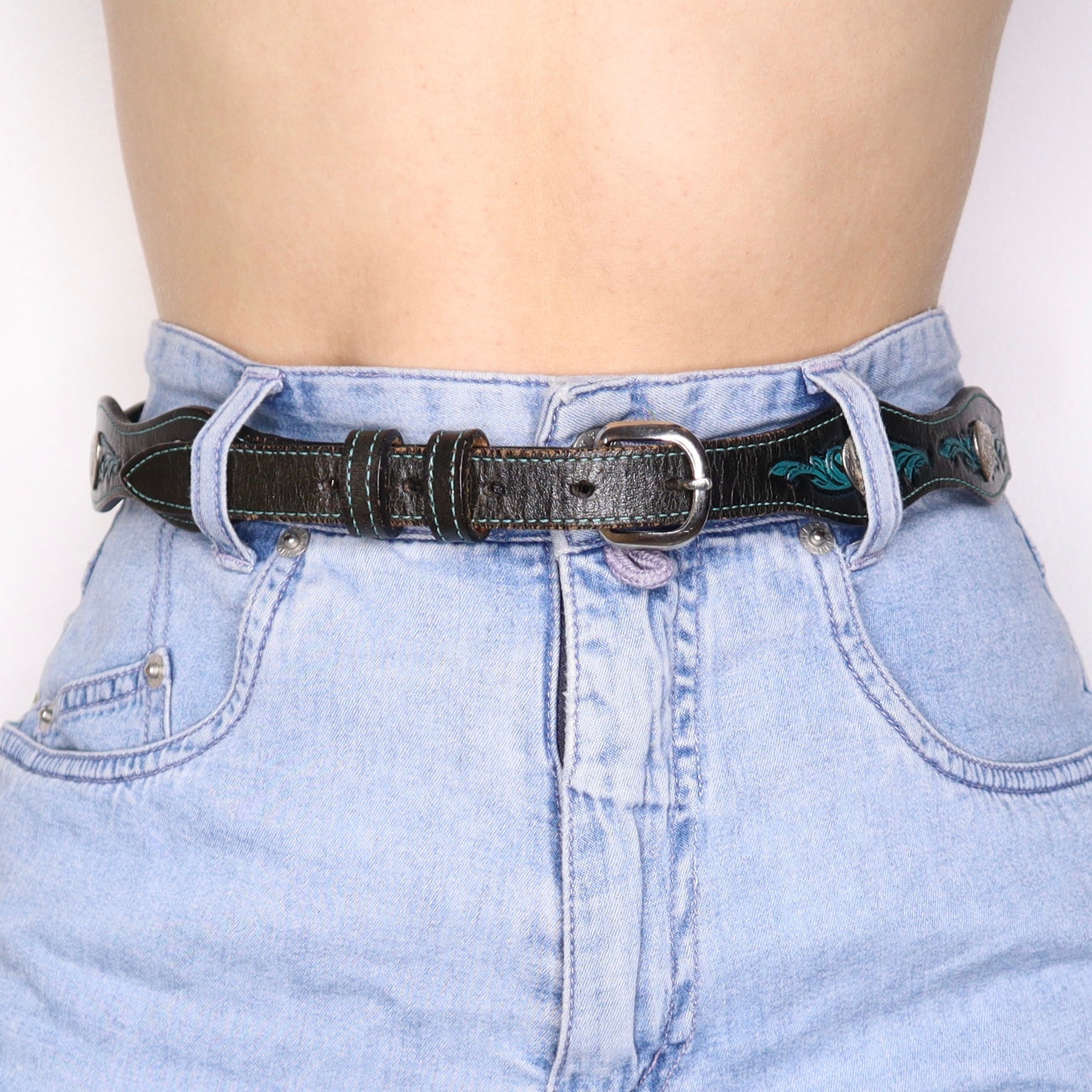 90s Black Leather Silver Hearts Western Belt (M) 