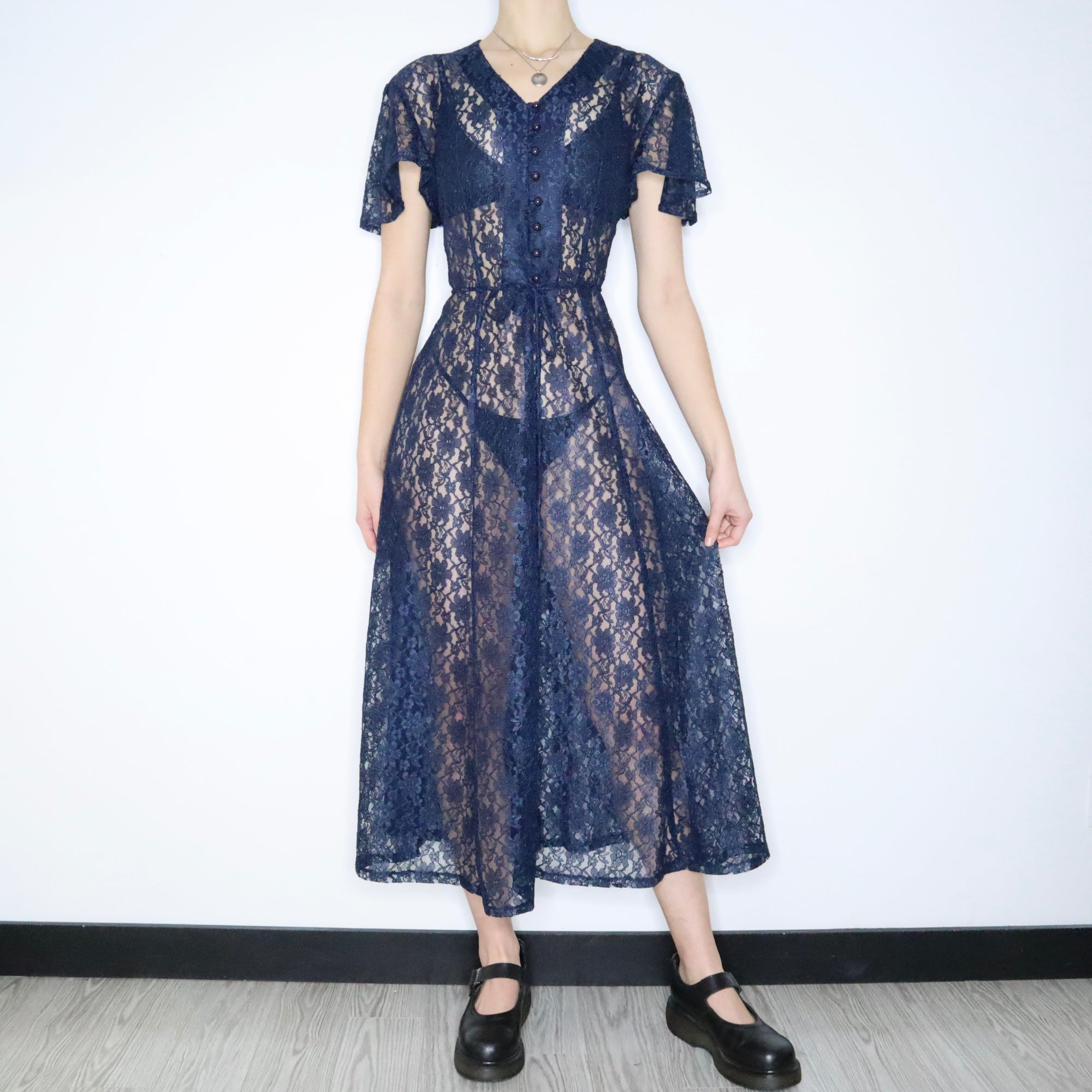 90s Sheer Navy Lace Corset Maxi Dress (L) - Imber Vintage 90s Sheer Navy Lace Corset Maxi Dress (L) - Imber Vintage
