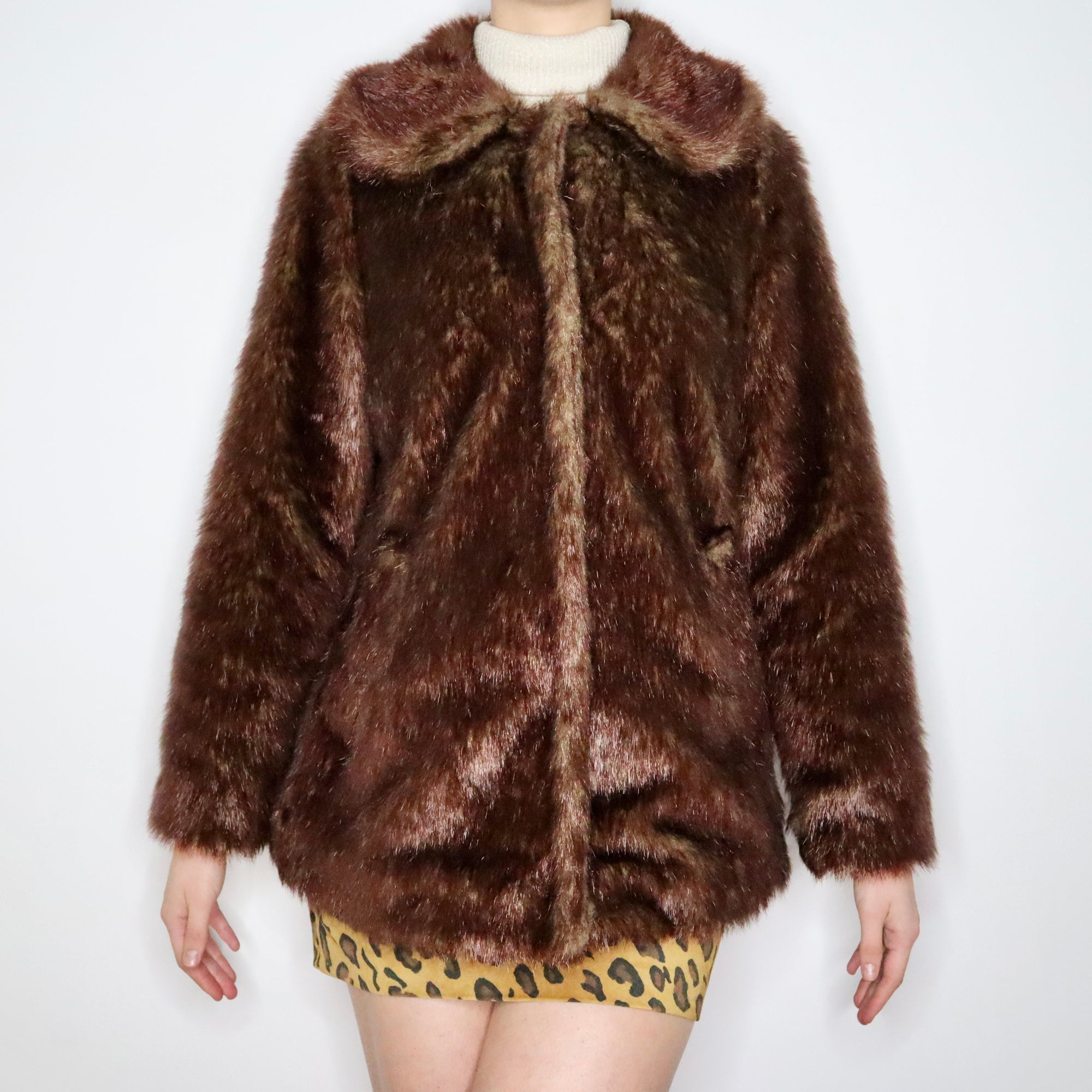 Y2K Brown Faux Fur Coat (M) - Imber Vintage