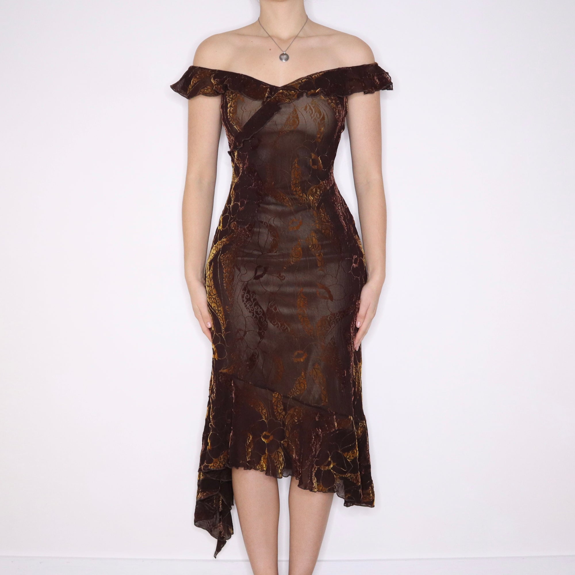 Y2K Spanish Brown Velvet Maxi Dress (XS/S) - Imber Vintage Y2K Spanish Brown Velvet Maxi Dress (XS/S) - Imber Vintage