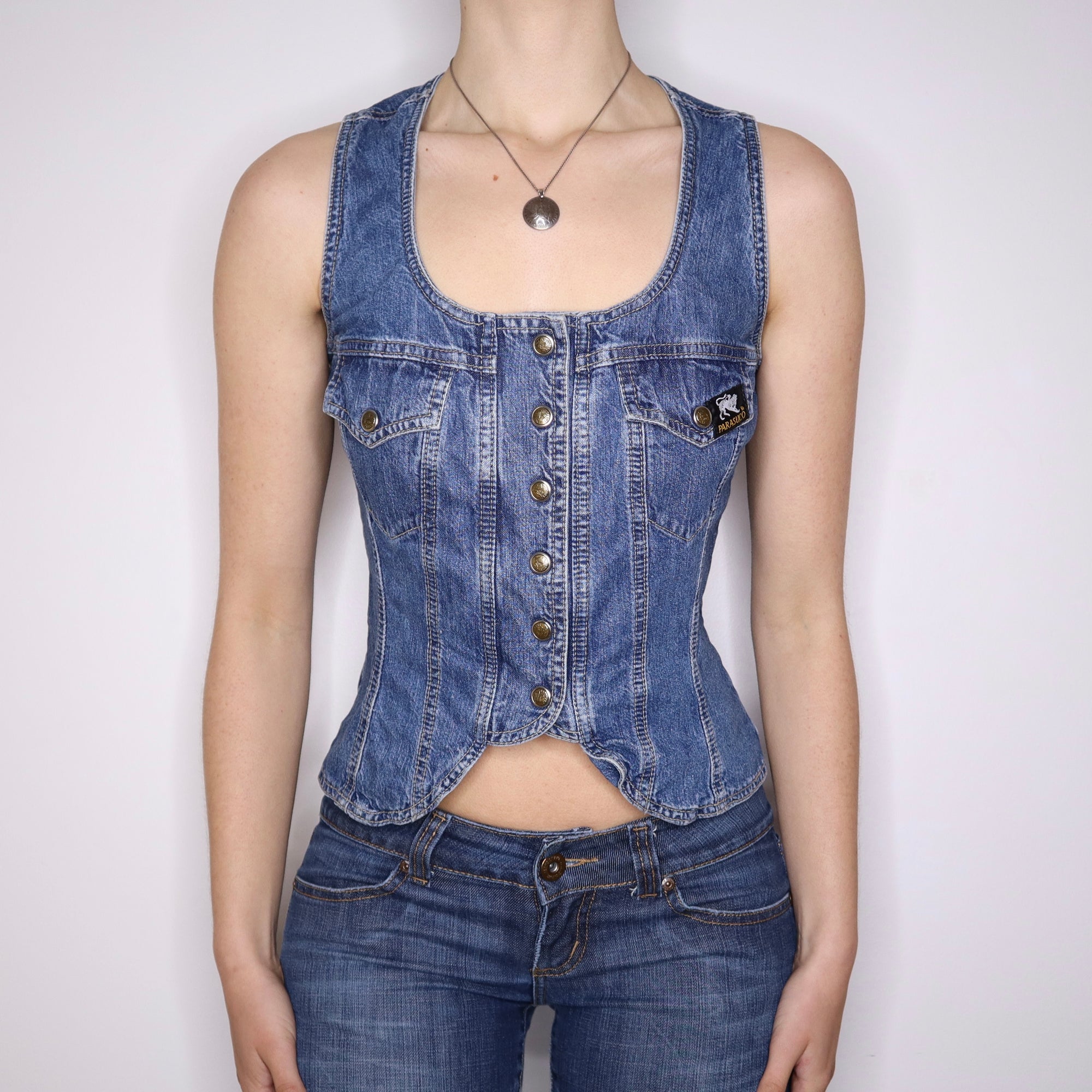 Y2K Fitted Denim Vest (M) - Imber Vintage