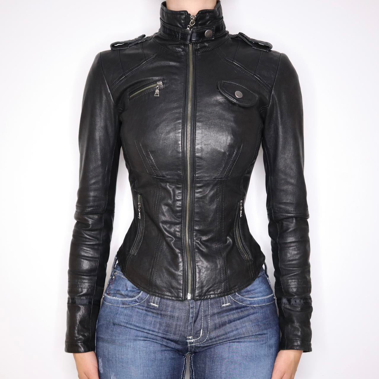 Y2K Sexy Black Italian Leather Moto Jacket (XS) 