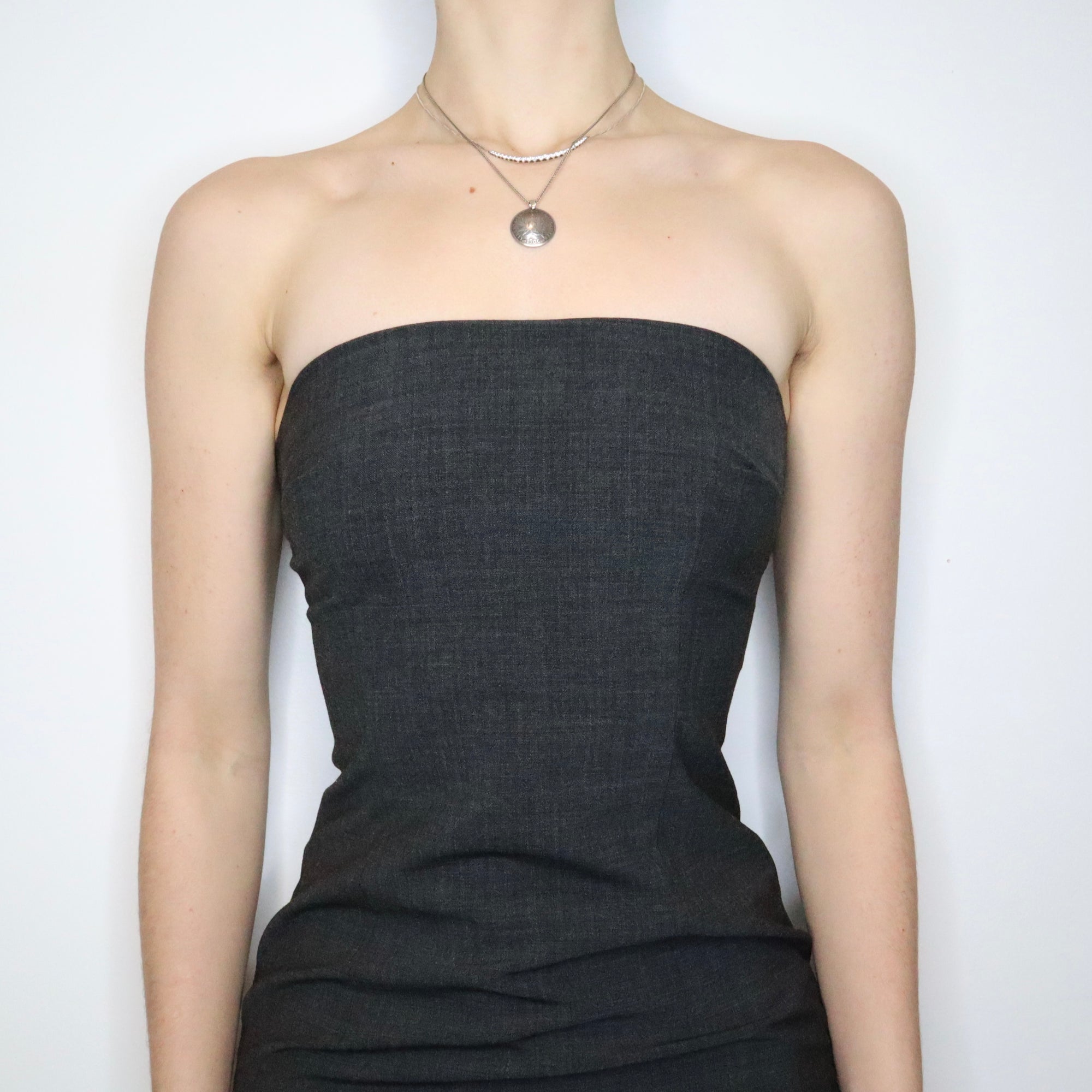 90s Dark Gray Strapless Fitted Dress (XS/S) - Imber Vintage 90s Dark Gray Strapless Fitted Dress (XS/S) - Imber Vintage