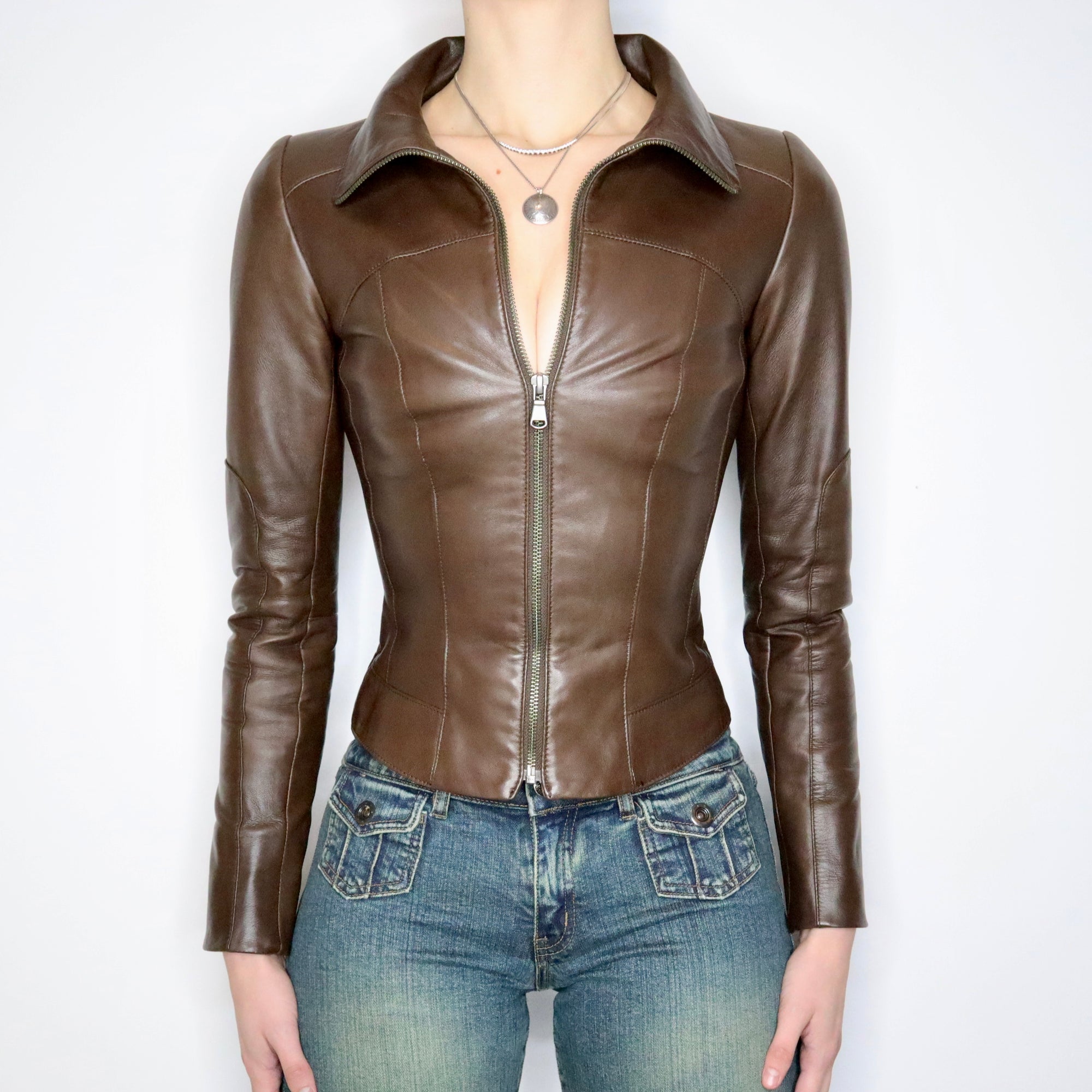 Y2K Sexy Brown Italian Leather Moto Jacket (XS) - Imber Vintage Y2K Sexy Brown Italian Leather Moto Jacket (XS) - Imber Vintage