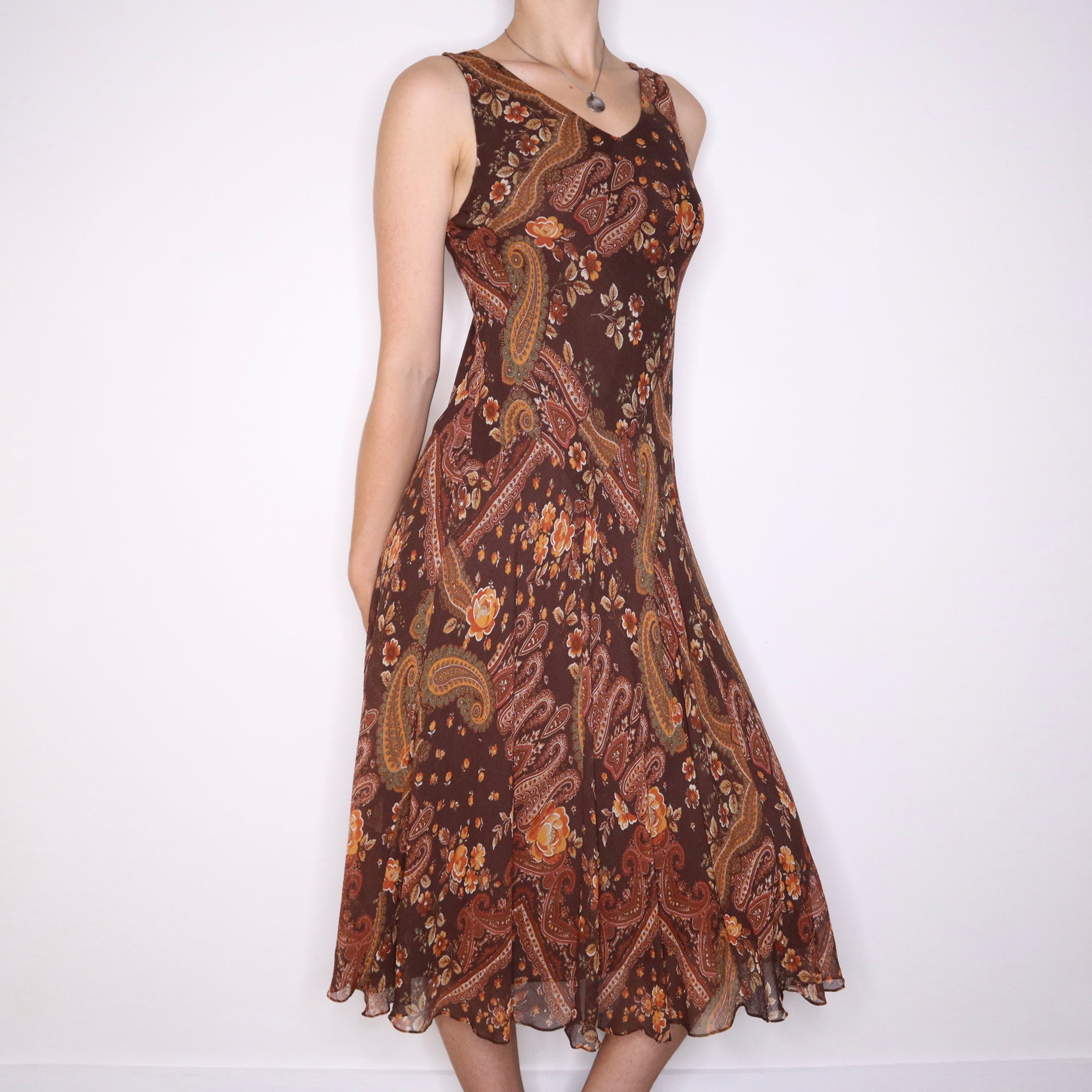 90s Boho Brown Silk Paisley Maxi Dress (M) 90s Boho Brown Silk Paisley Maxi Dress (M)