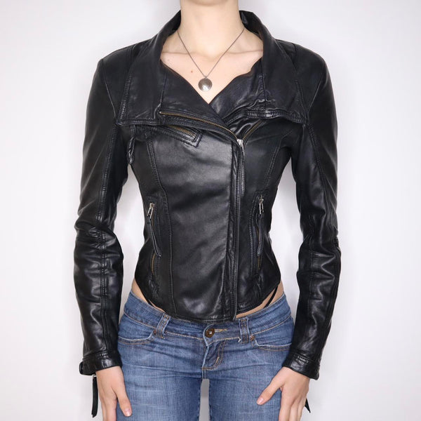 Y2K Sexy Black Leather Moto Jacket (XS) - Imber Vintage