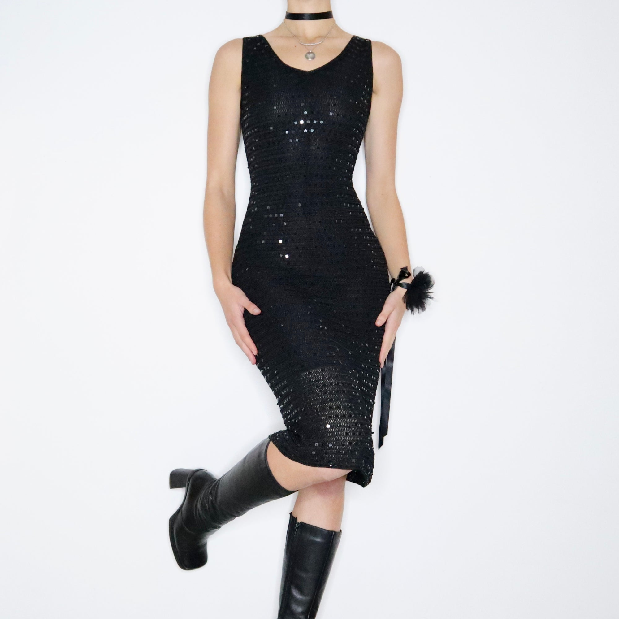 90s crochet dress 90s Vintage Black Crochet Dress Stretchy Cotton & Ramie ap Sleeves Asymmetric 1990s Fitted Knit Dress Overlay With A Solid Shorter Liner