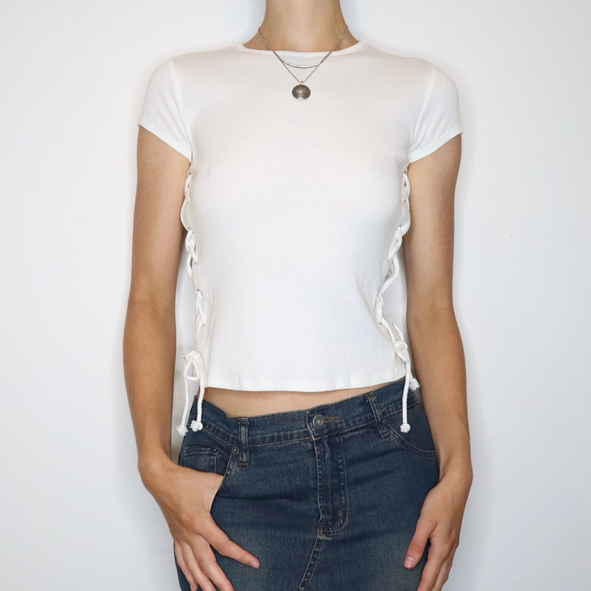 White Lace Up Baby Tee (S-M) 