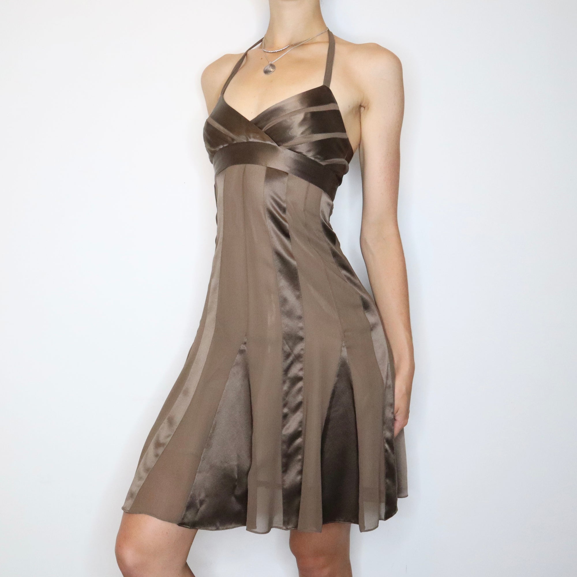 Y2K BCBG Brown Silk Halter Dress (XS) - Imber Vintage Y2K BCBG Brown Silk Halter Dress (XS) - Imber Vintage