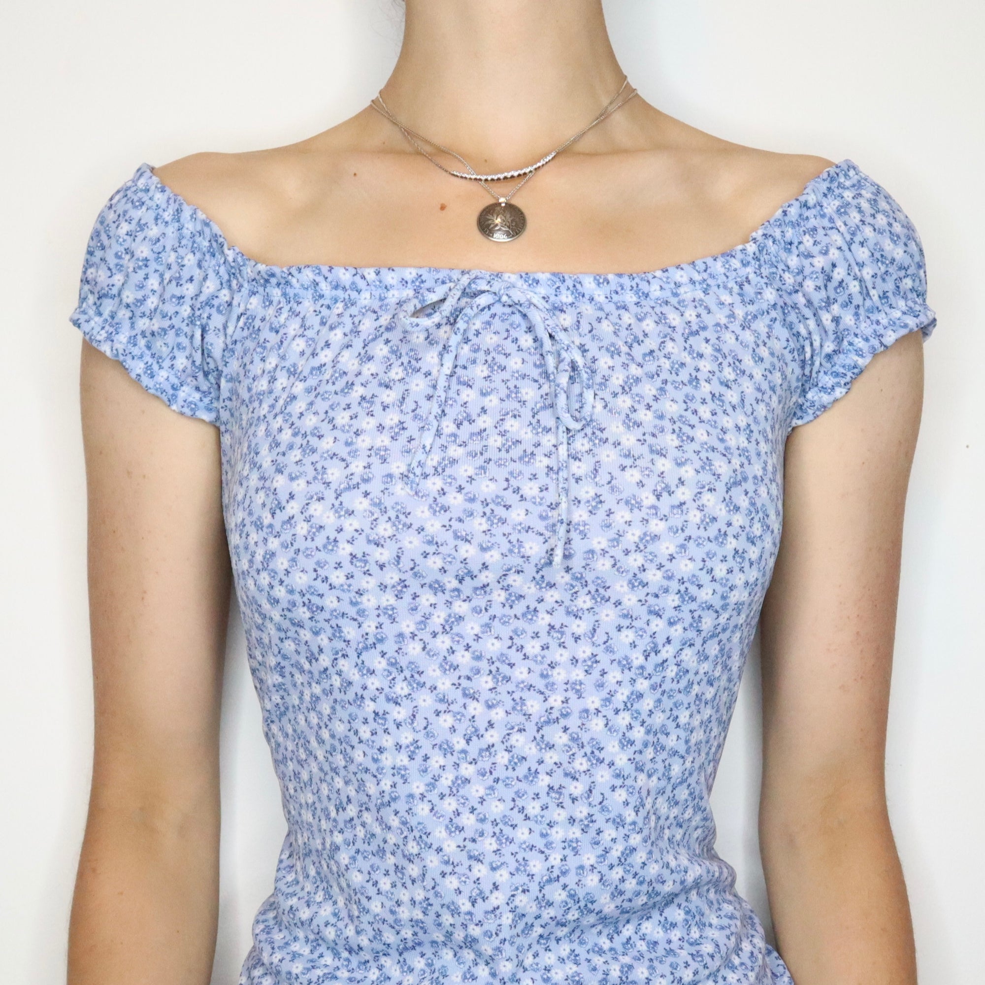 Baby Blue Floral Milkmaid Dress (S-M) - Imber Vintage Baby Blue Floral Milkmaid Dress (S-M) - Imber Vintage