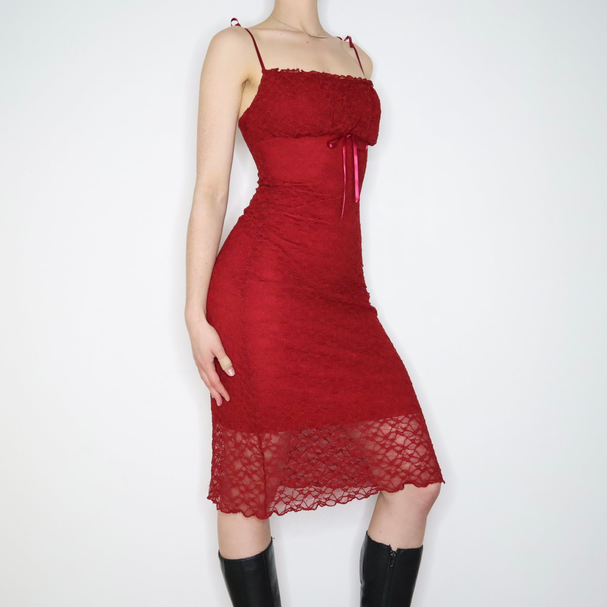 Red Mesh Overlay Milkmaid Dress (XS-S) Red Mesh Overlay Milkmaid Dress (XS-S)