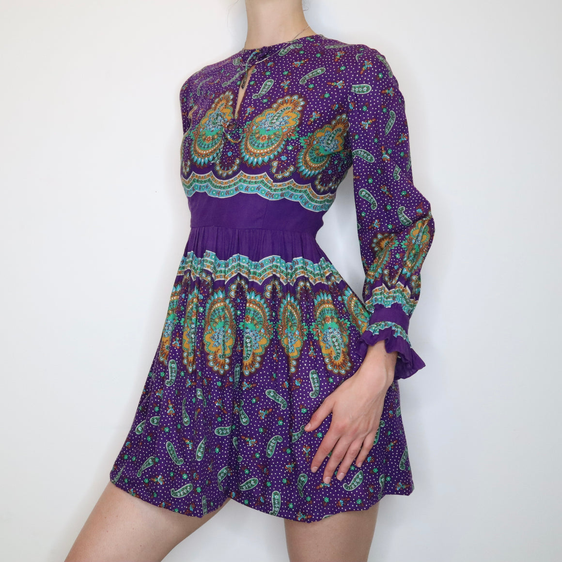 70s Purple Paisley Mini Dress (XS) 
