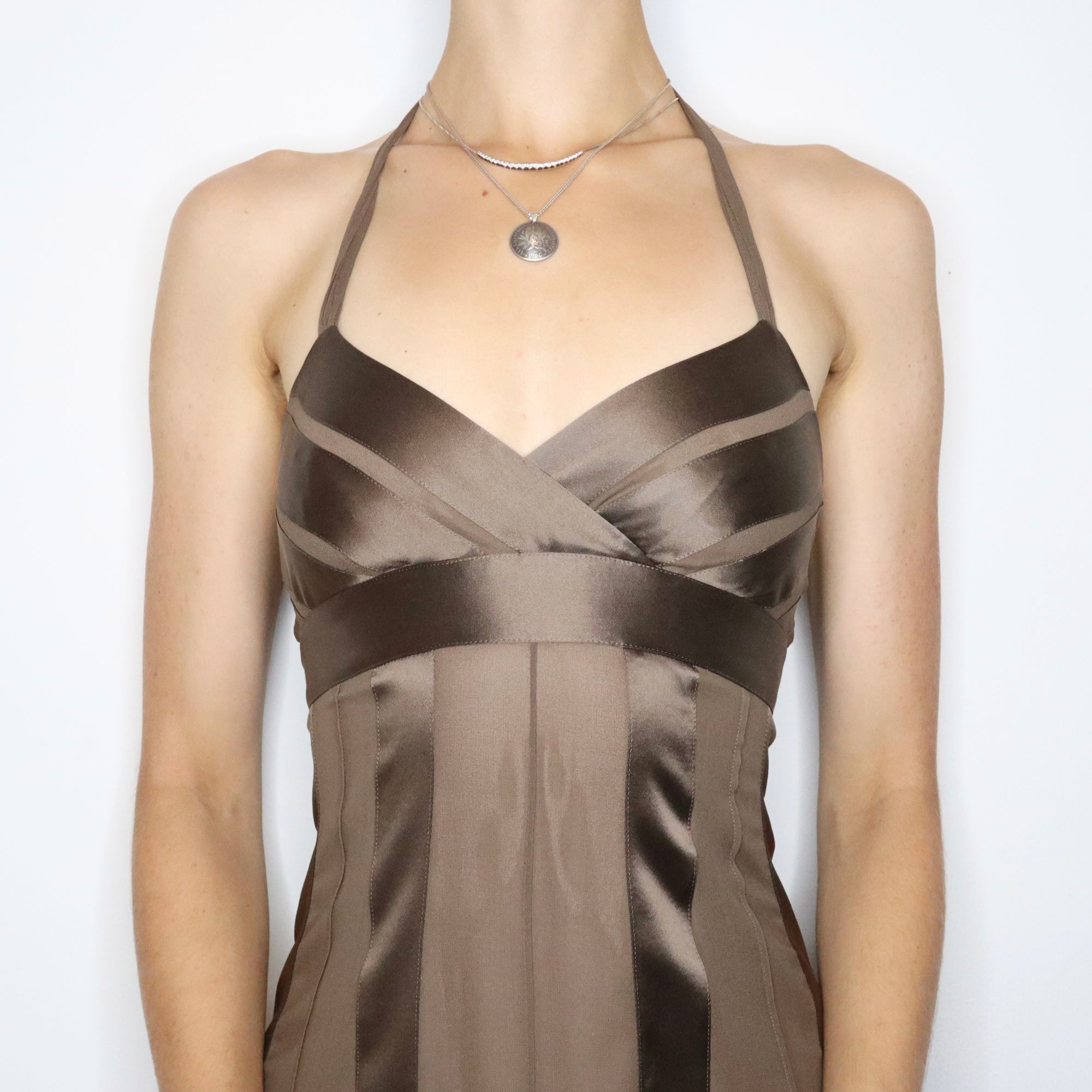 Y2K BCBG Brown Silk Halter Dress (XS) - Imber Vintage Y2K BCBG Brown Silk Halter Dress (XS) - Imber Vintage