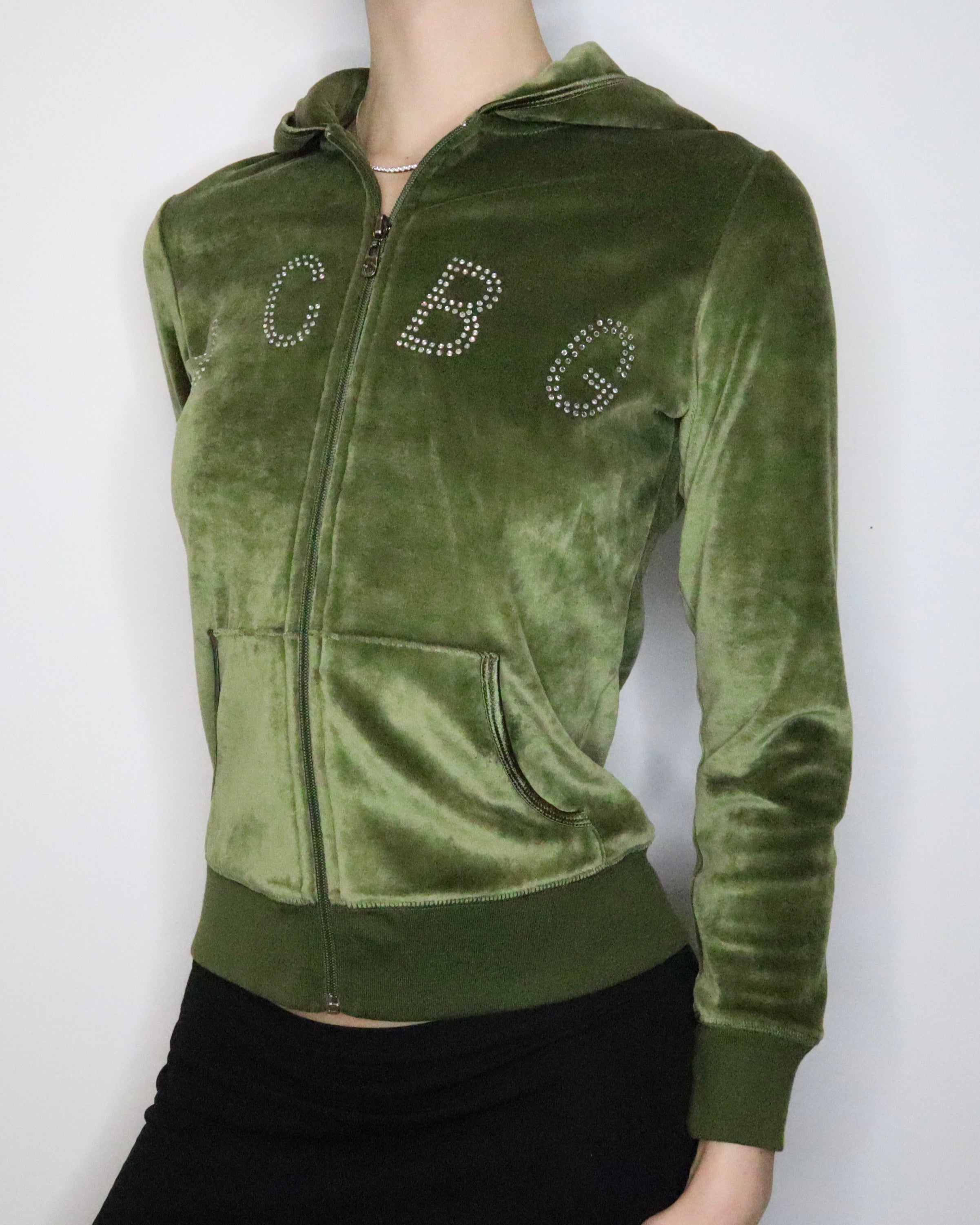 Green Velour Zip Up Hoodie (S-M) - Imber Vintage