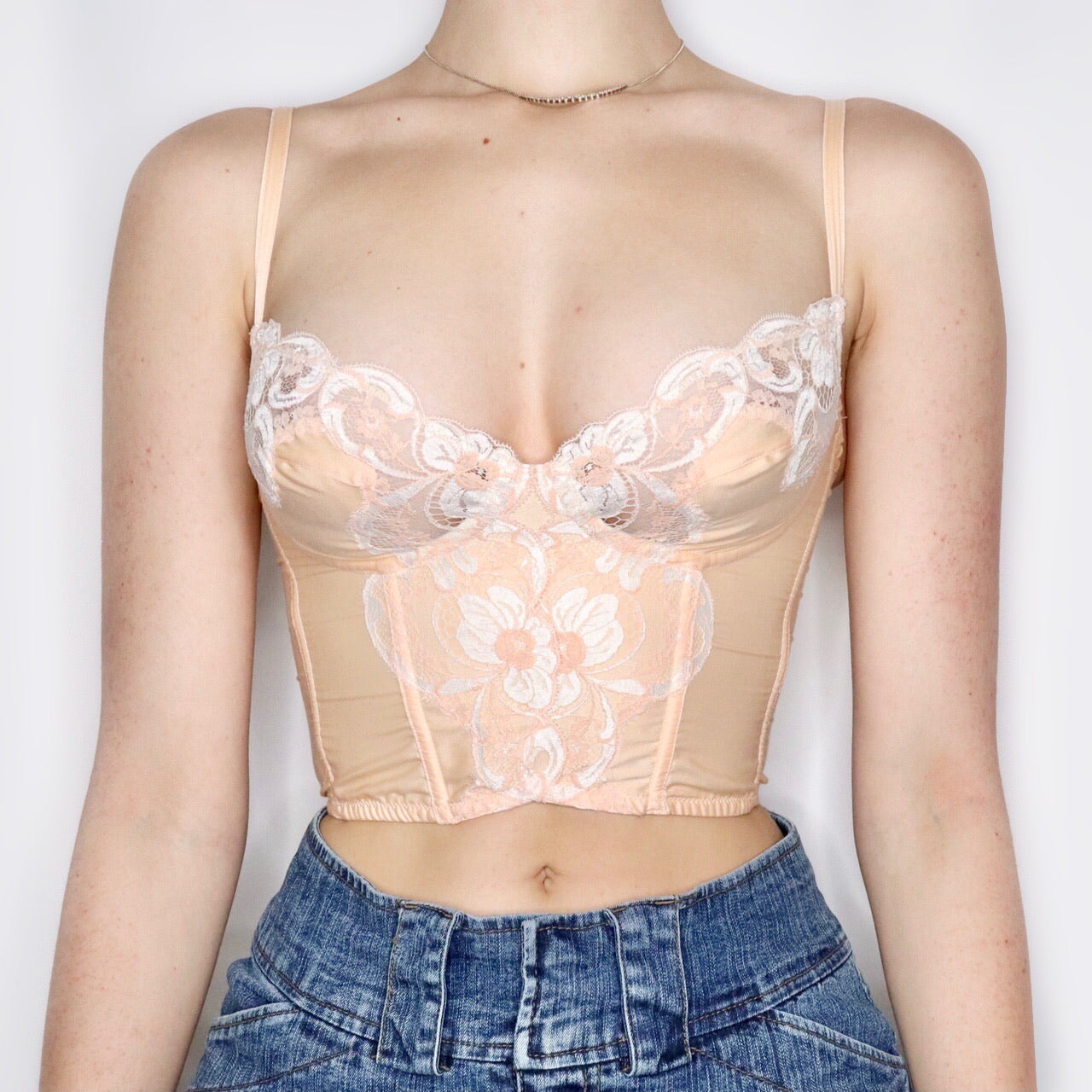 French Vintage 70s Pale Peach Lace Cropped Corset