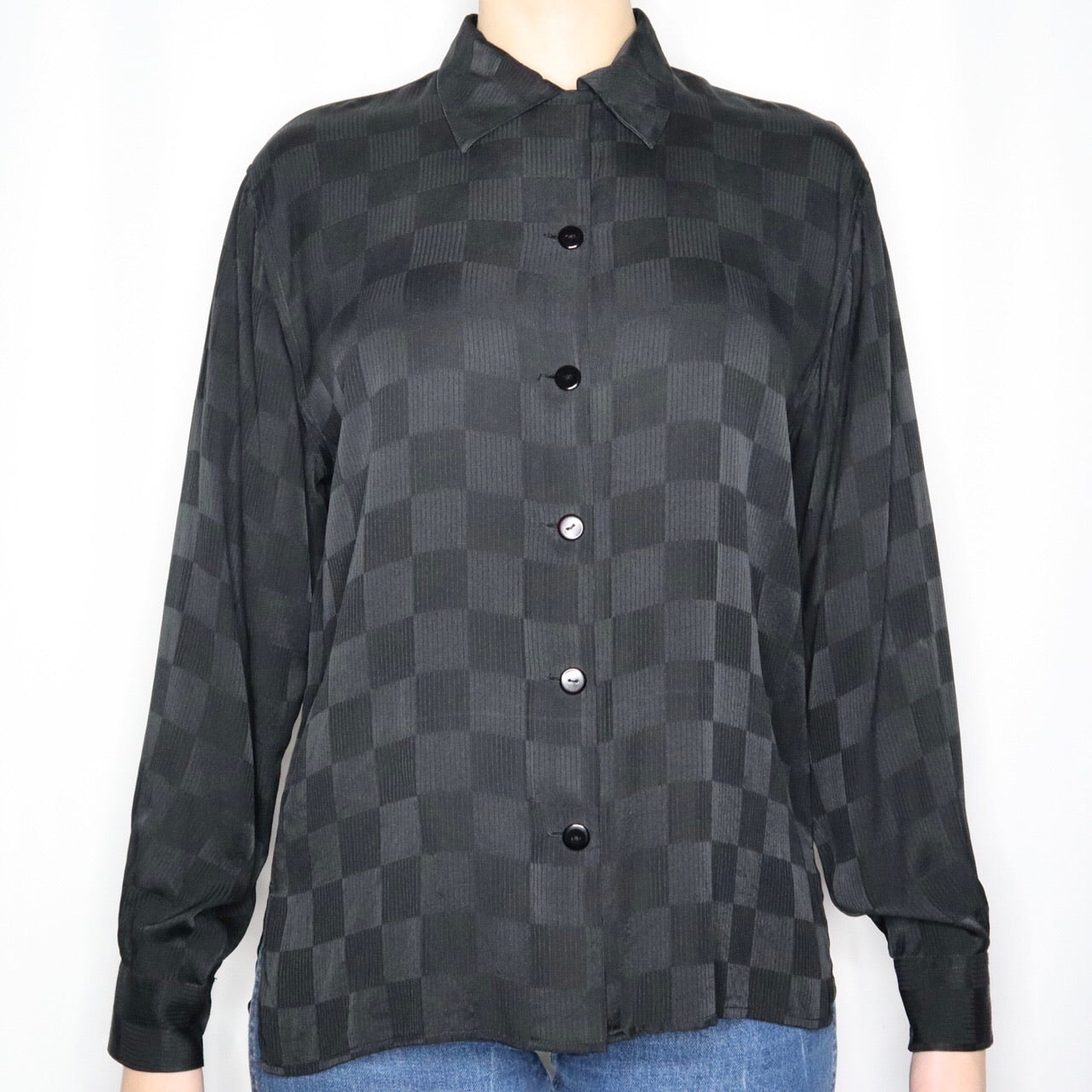 Vintage 90s Checkered Black Silk Blouse