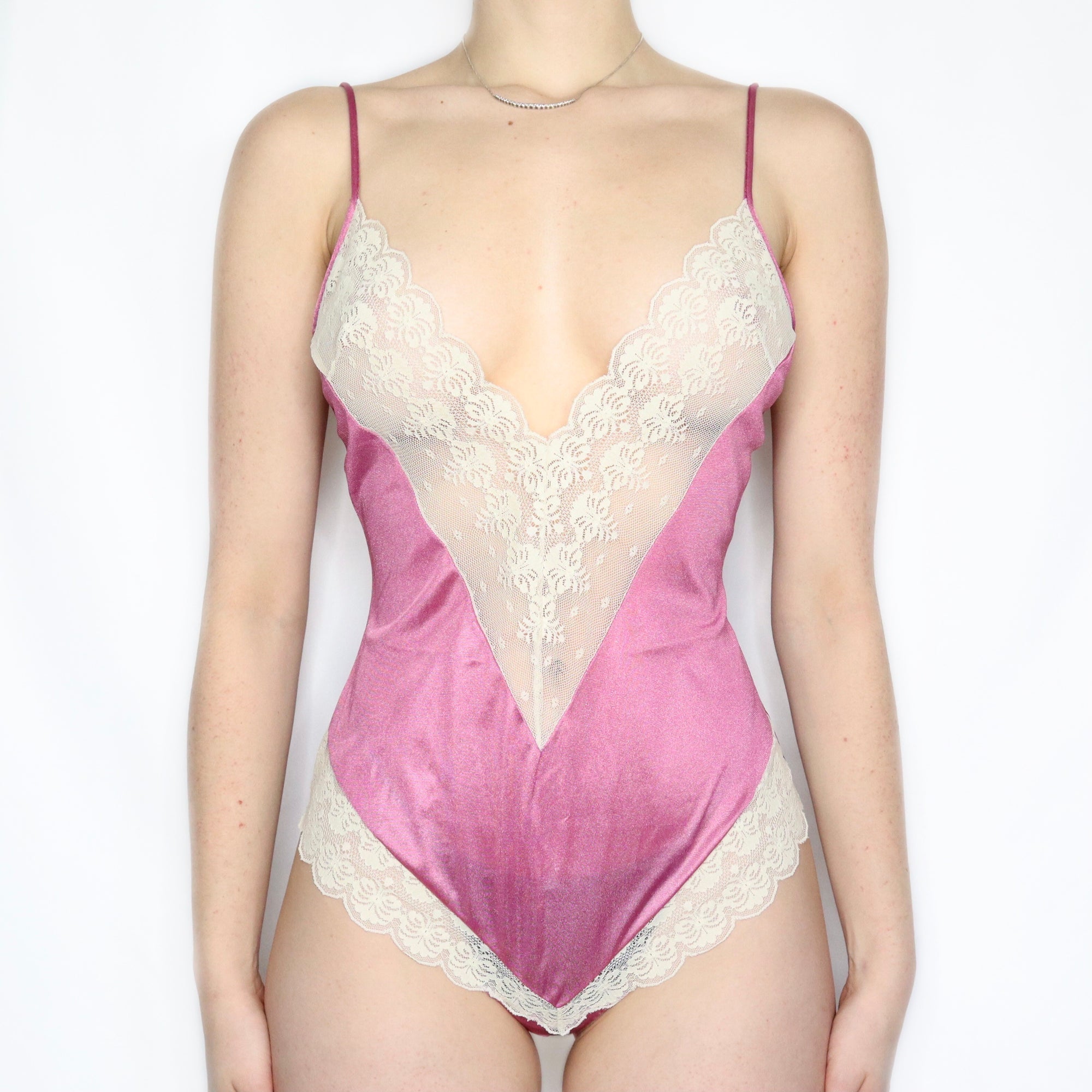 Vintage 70s Rose Pink and Cream Lace Teddy